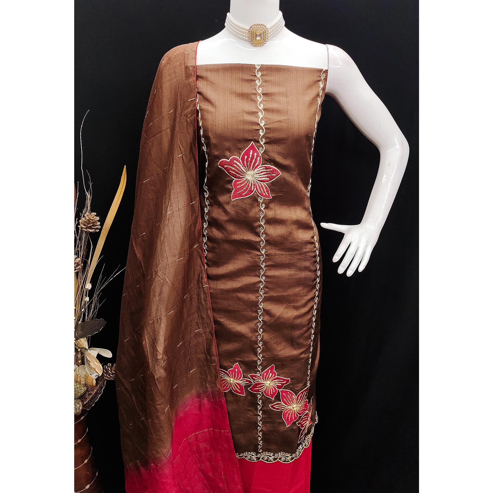 Brown Floral Sequins Embroidered Art Silk Dress Material