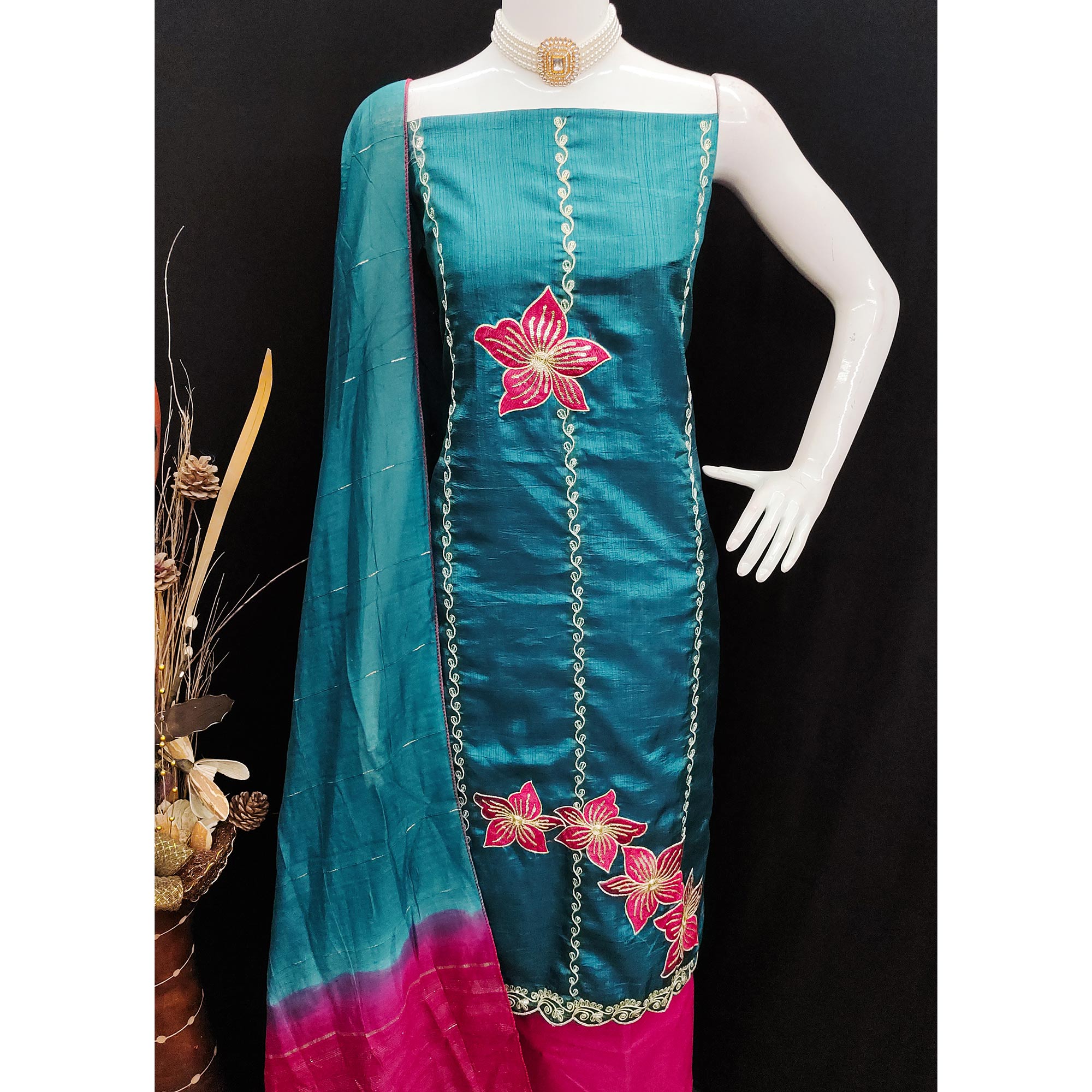 Rama Blue Floral Sequins Embroidered Art Silk Dress Material