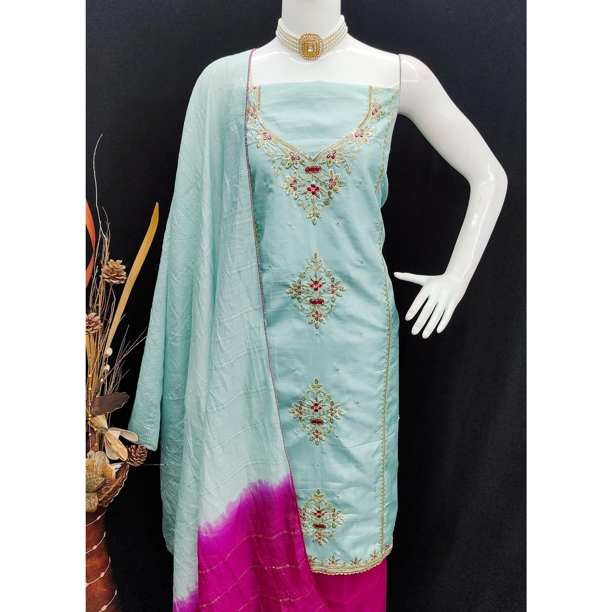 Blue Floral Sequins Embroidered Art Silk Dress Material