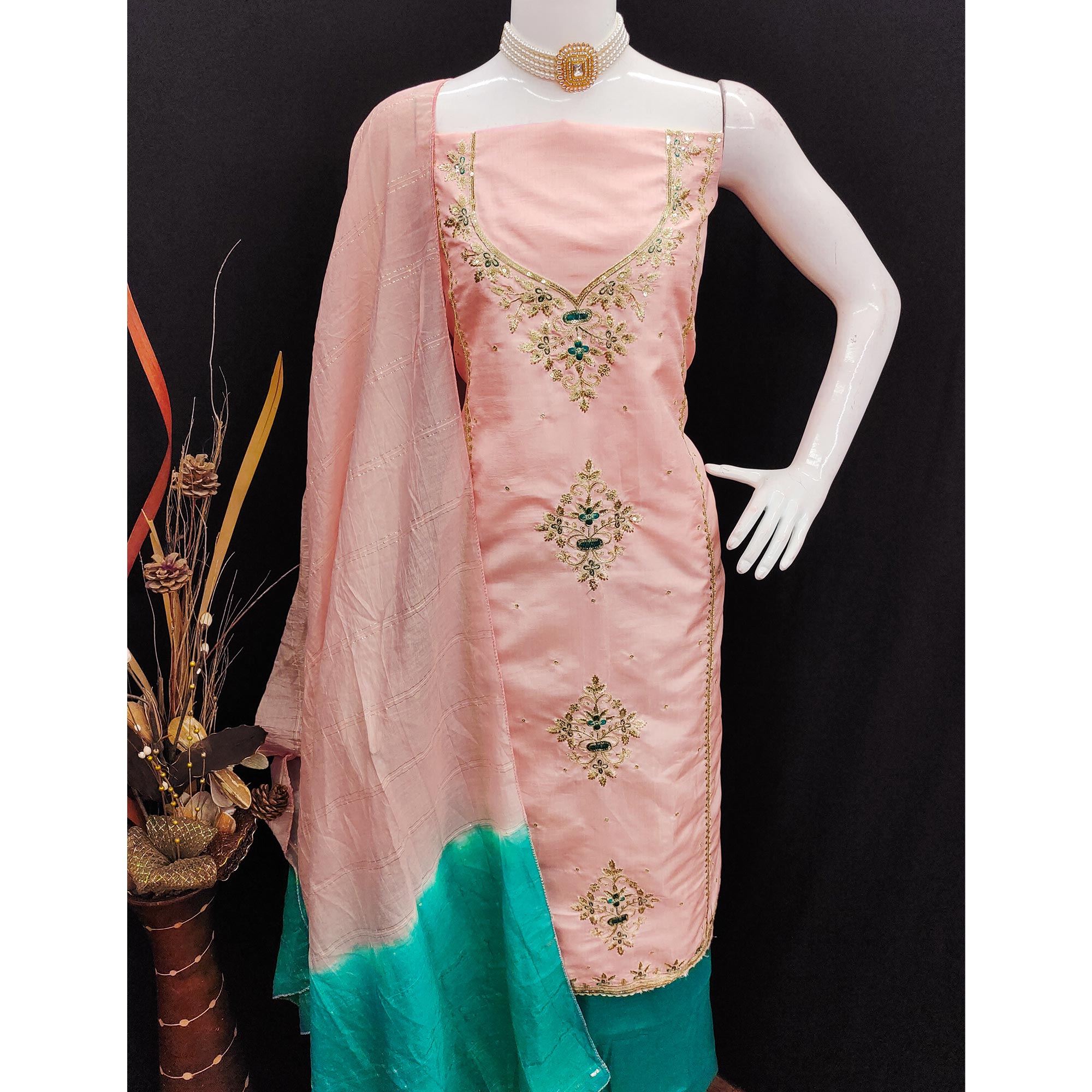 Peach Floral Sequins Embroidered Art Silk Dress Material