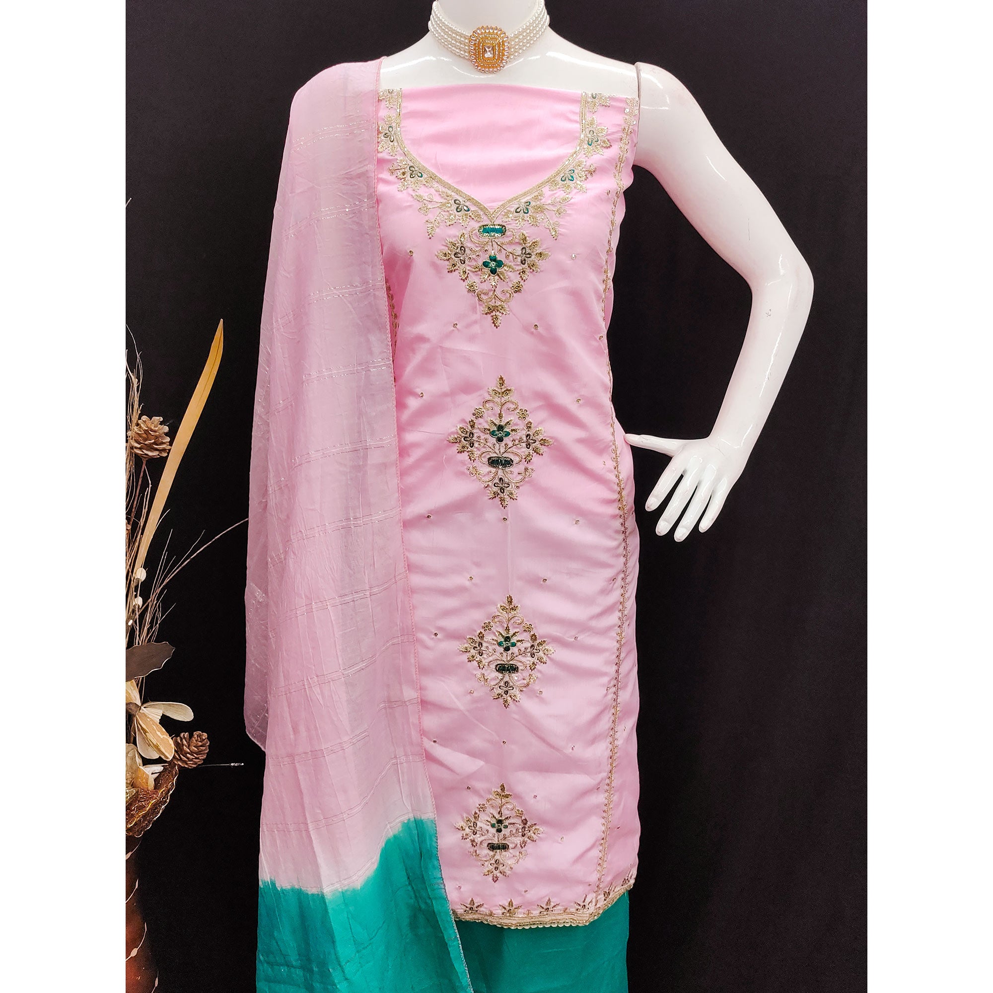 Pink Floral Sequins Embroidered Art Silk Dress Material