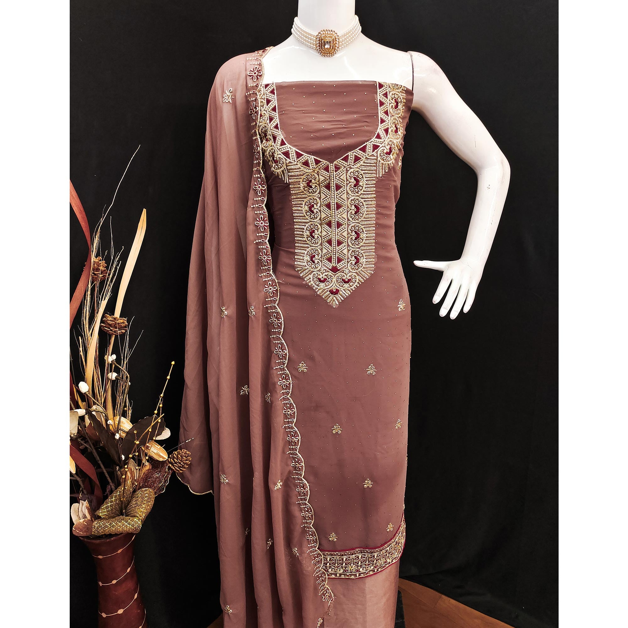 Brown Floral Embroidered With Stonework Georgette Dress Material