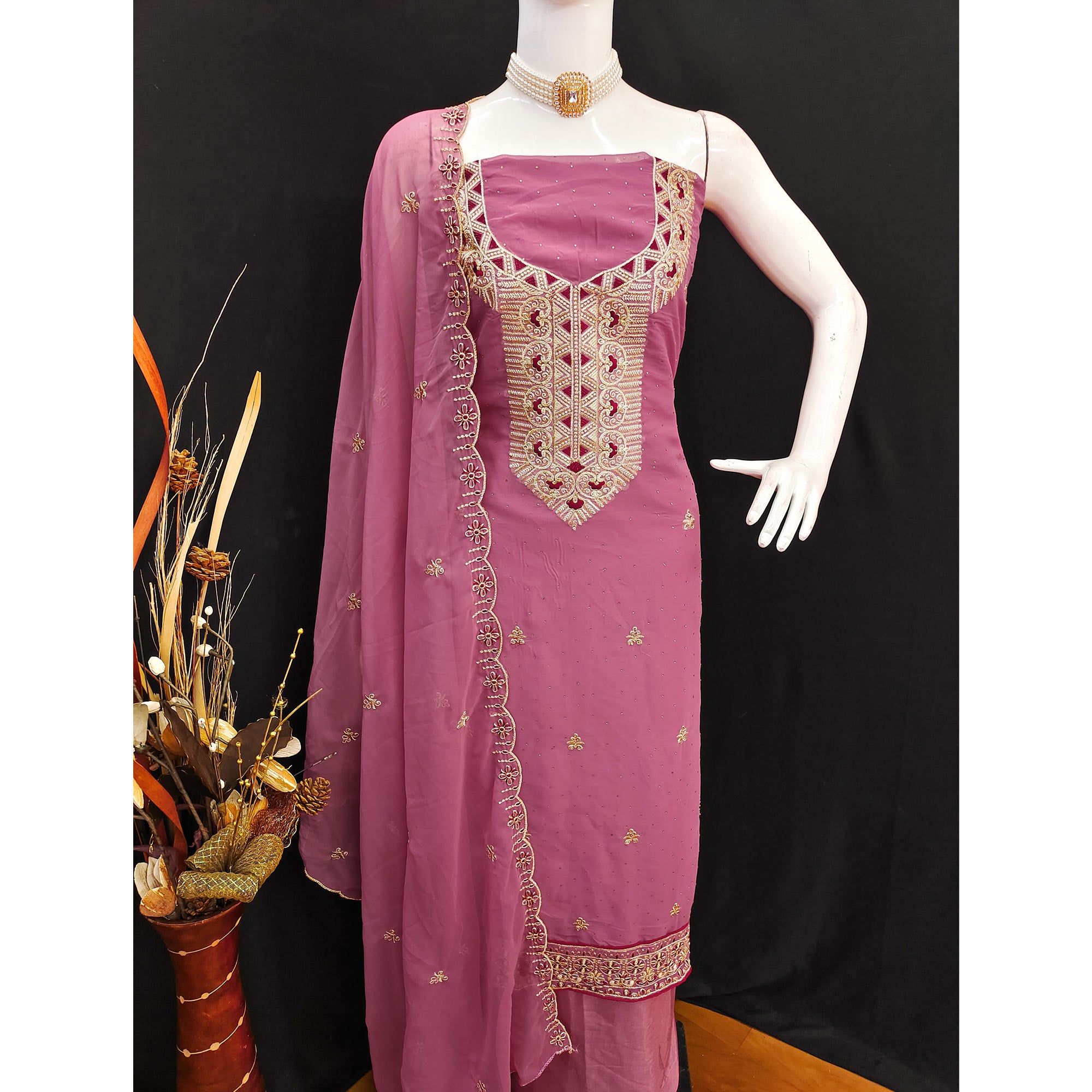 Pink Floral Embroidered With Stonework Georgette Dress Material
