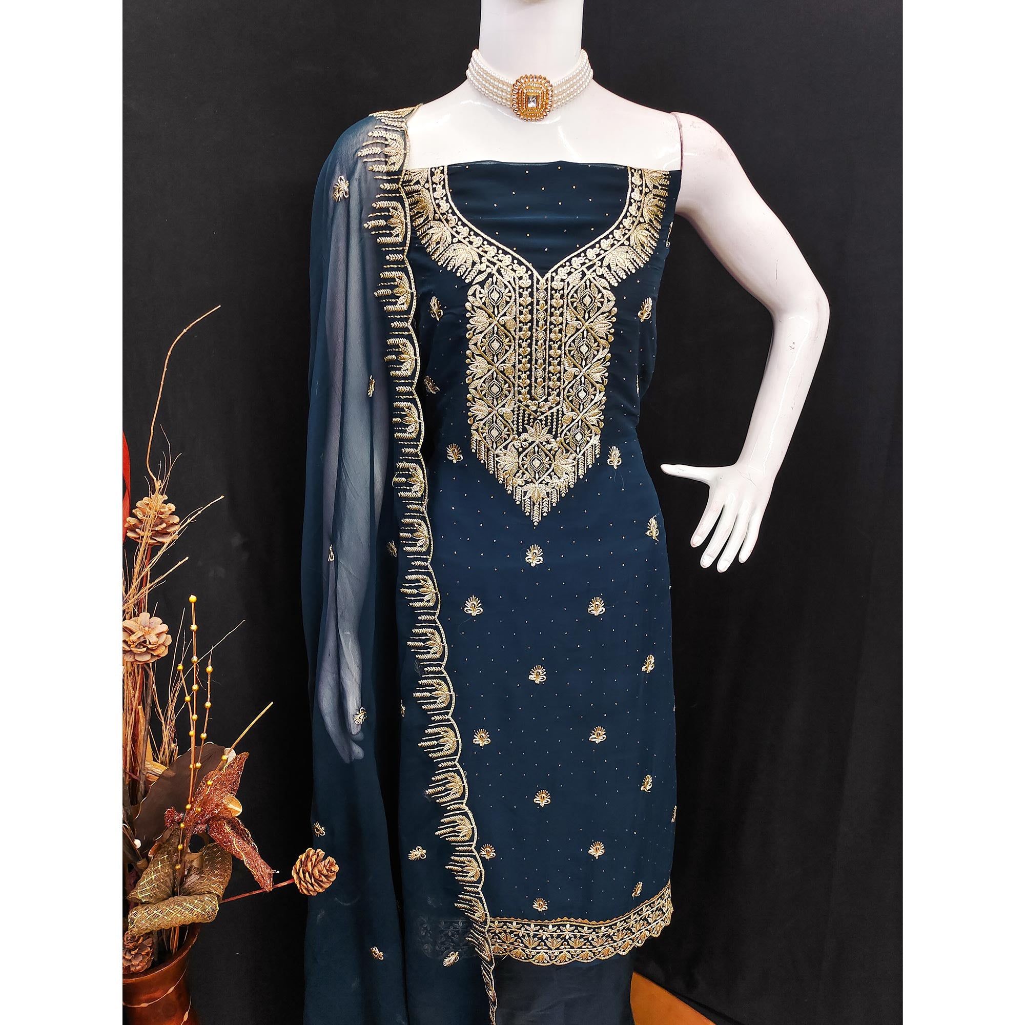 Blue Floral Embroidered With Stonework Georgette Dress Material