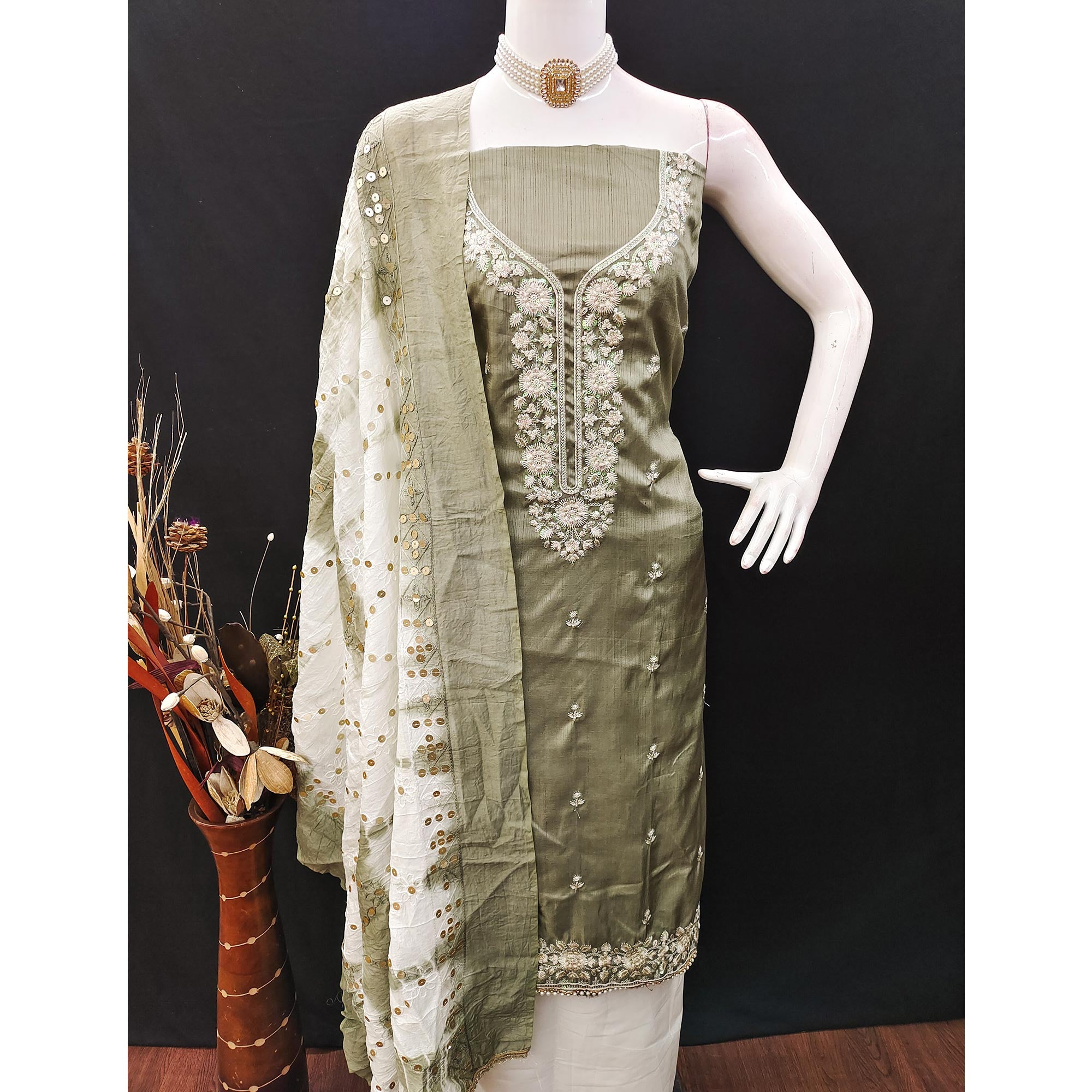 Green Floral Sequins Embroidered Art Silk Dress Material