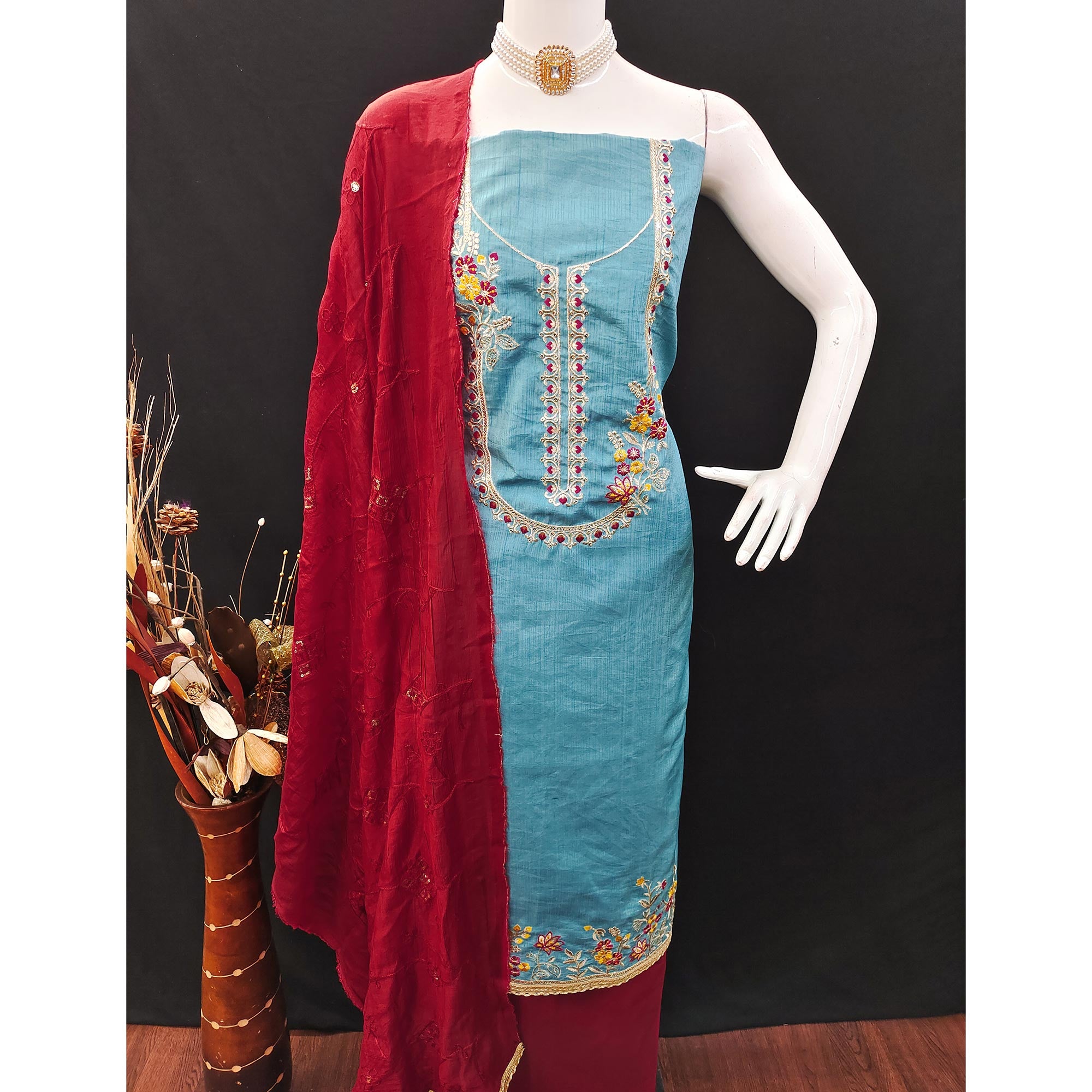 Blue Floral Sequins Embroidered Art Silk Dress Material