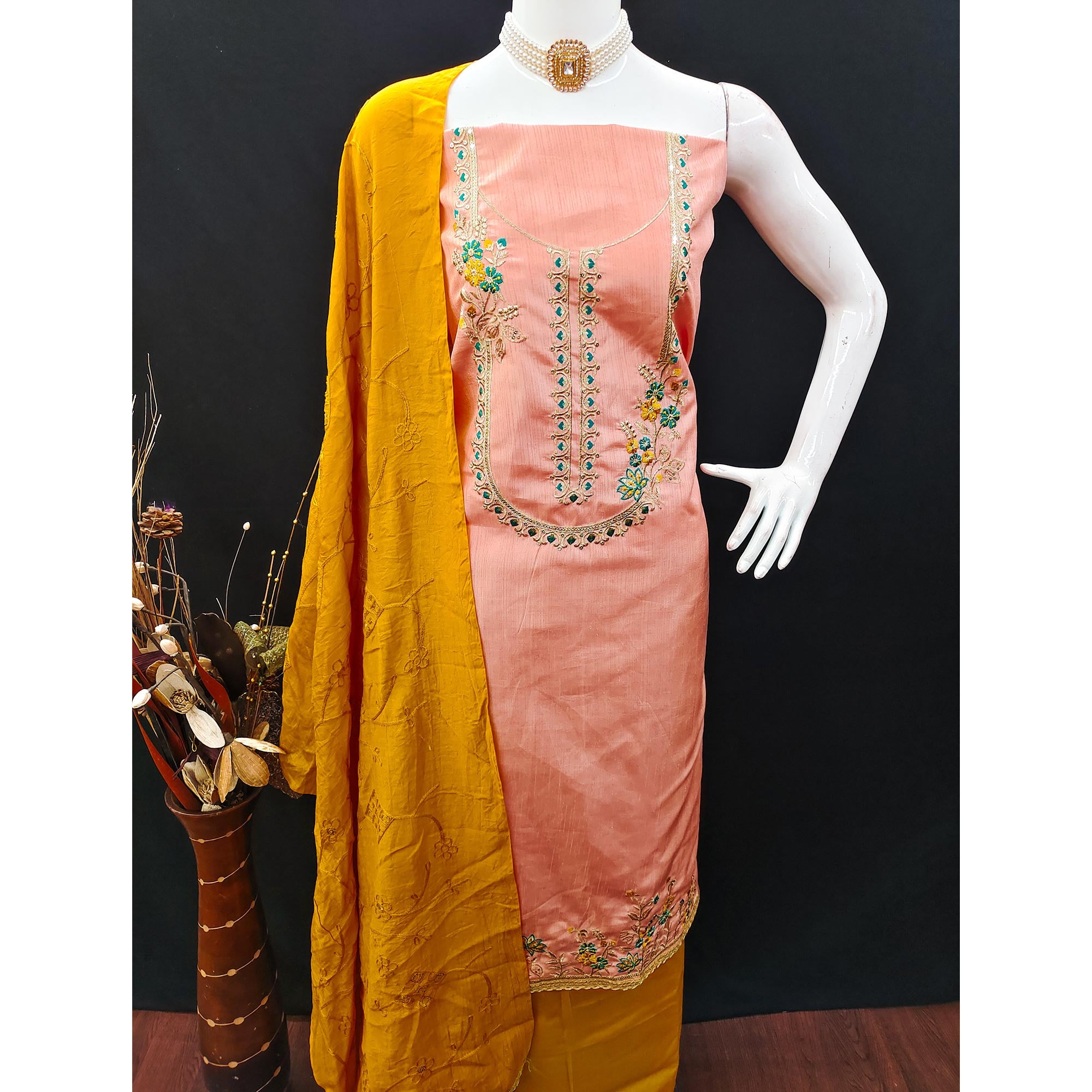 Peach Floral Sequins Embroidered Art Silk Dress Material