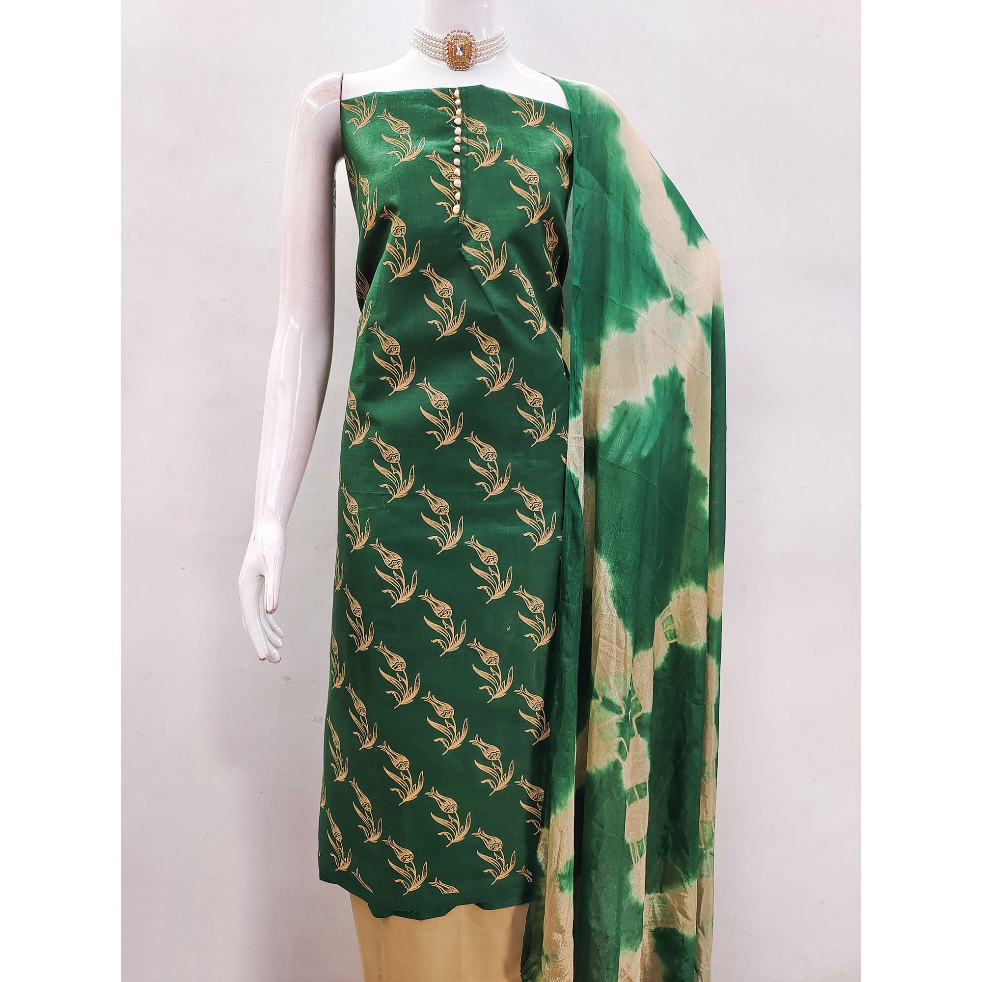 Green Floral Printed Slub Cotton Dress Material