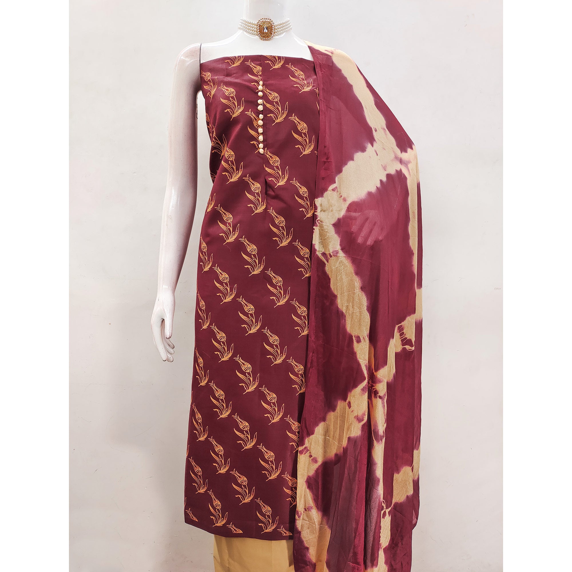 Maroon Floral Printed Slub Cotton Dress Material