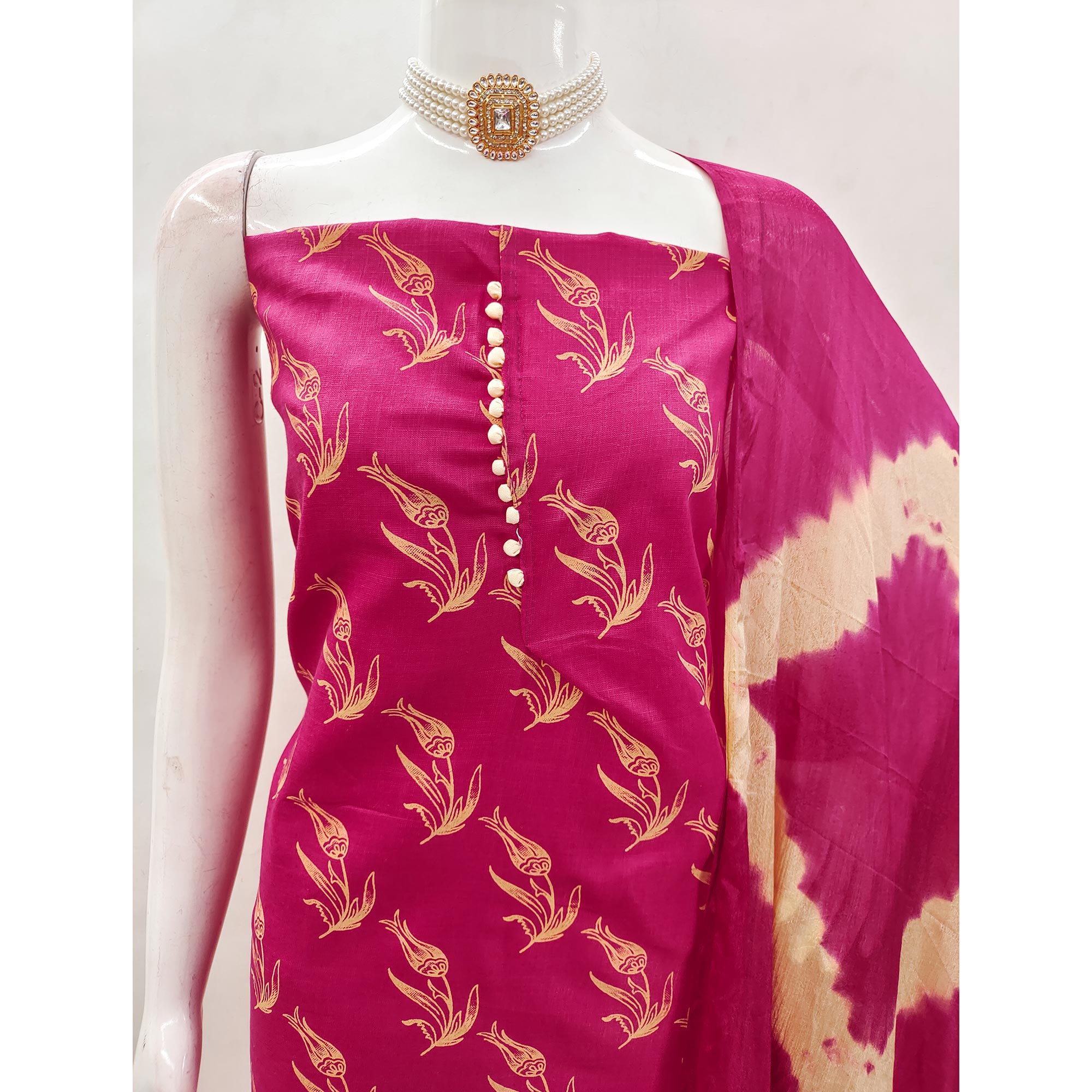 Rani Pink Floral Printed Slub Cotton Dress Material