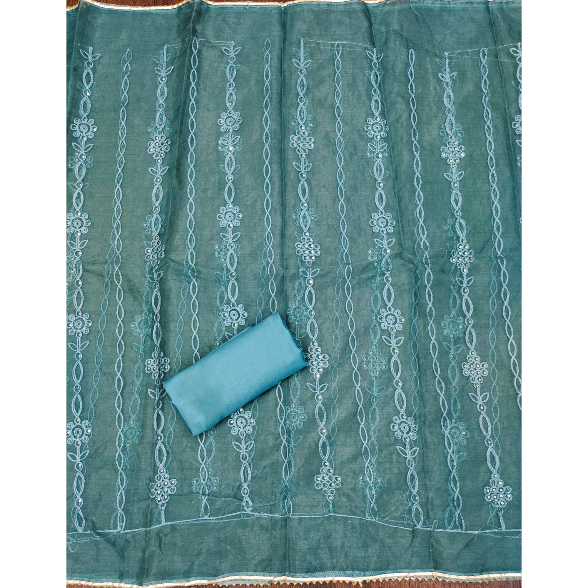 Blue Floral Sequins Embroidered Banarasi Silk Dress Material