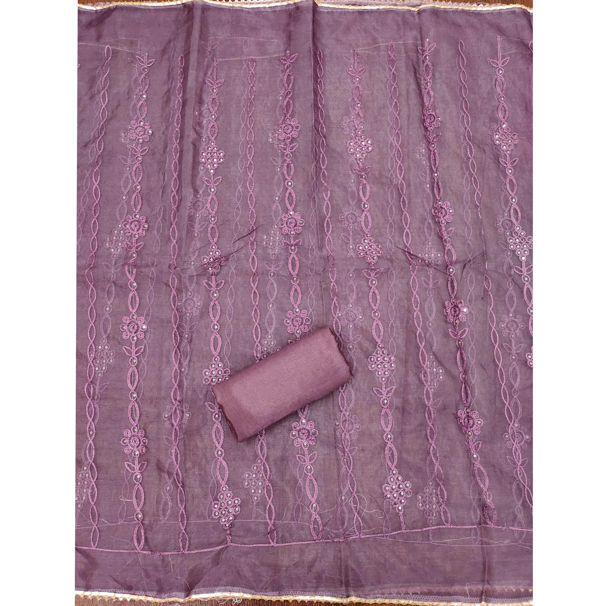 Purple Floral Sequins Embroidered Banarasi Silk Dress Material