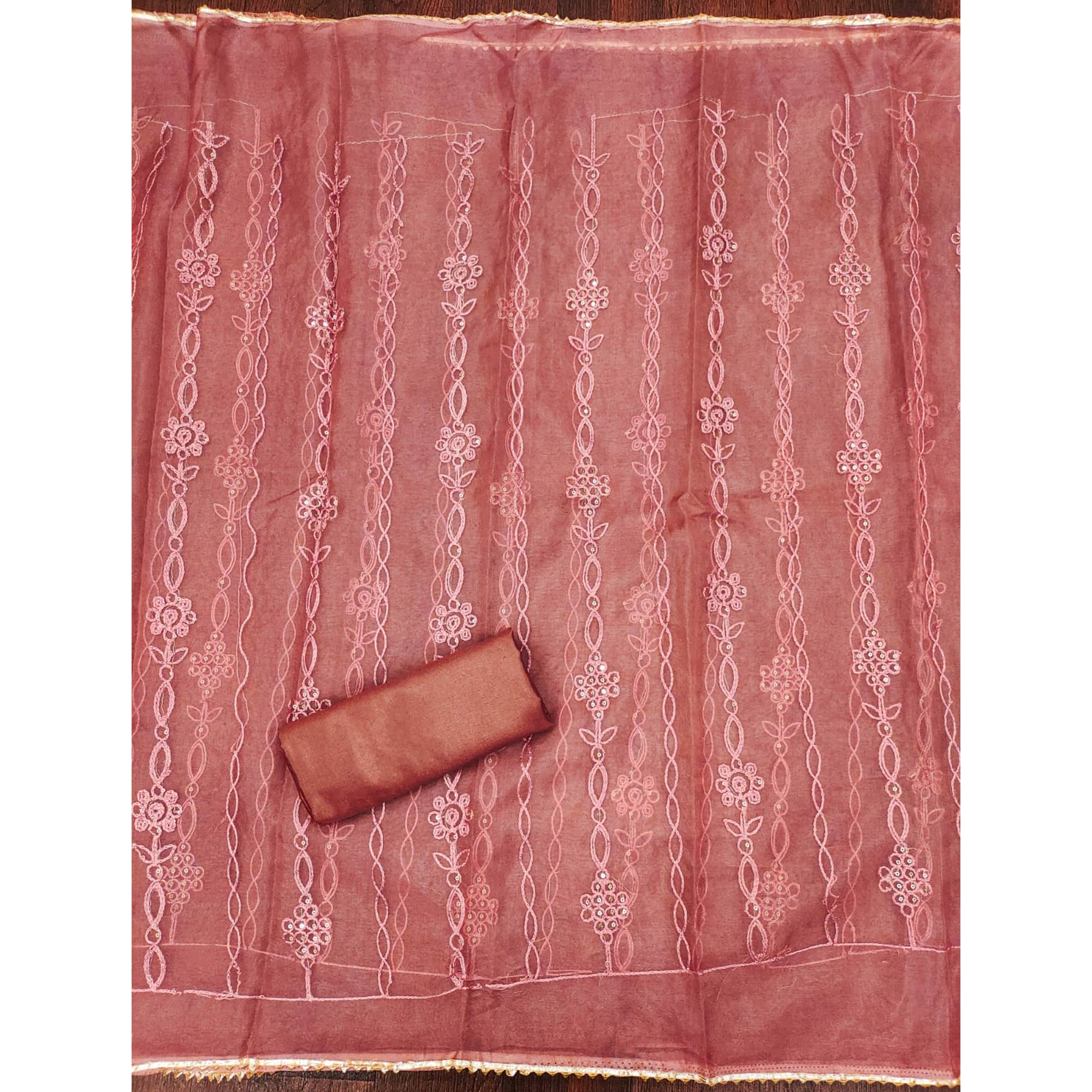 Rust Floral Sequins Embroidered Banarasi Silk Dress Material