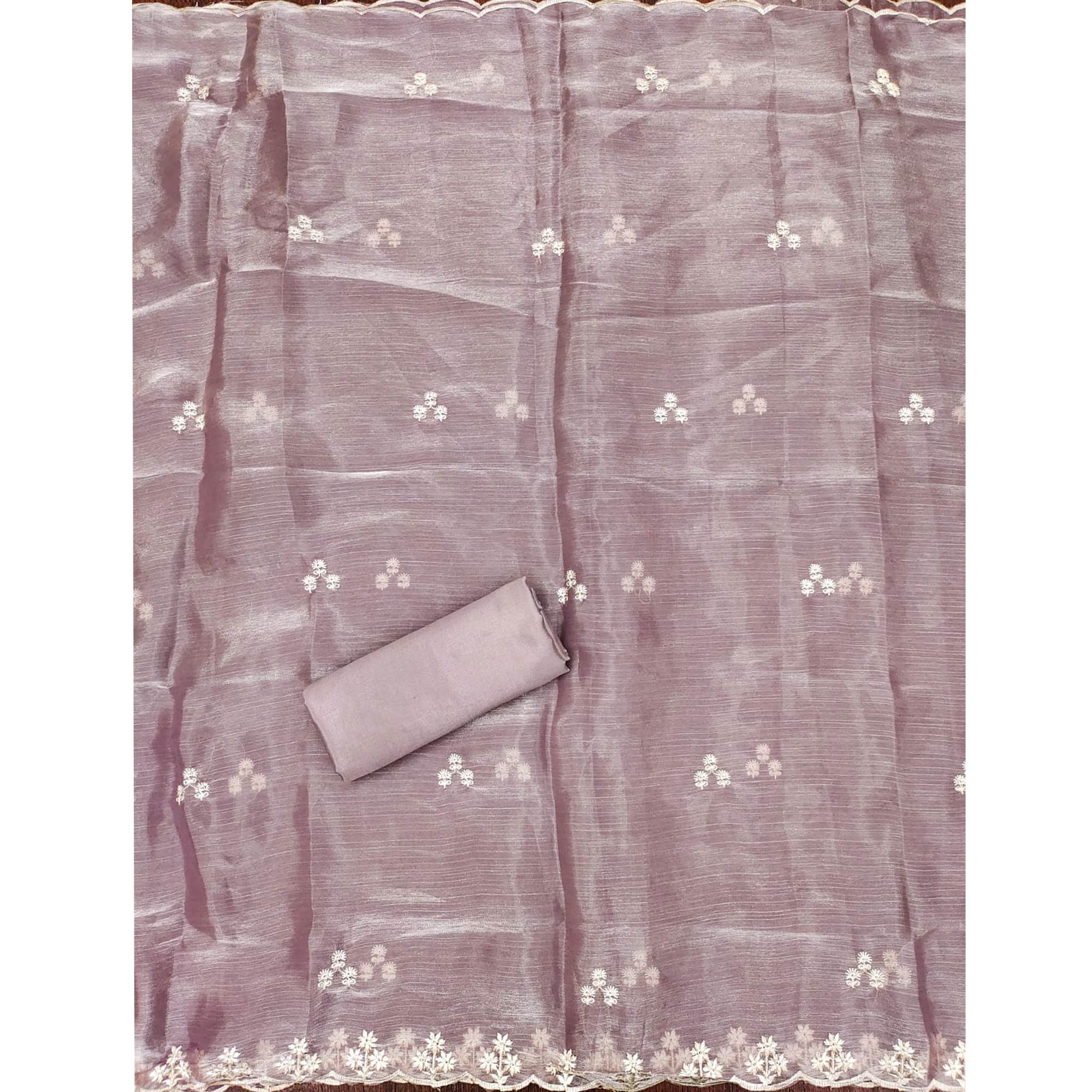 Purple Floral Embroidered Burberry Zoya Silk Dress Material