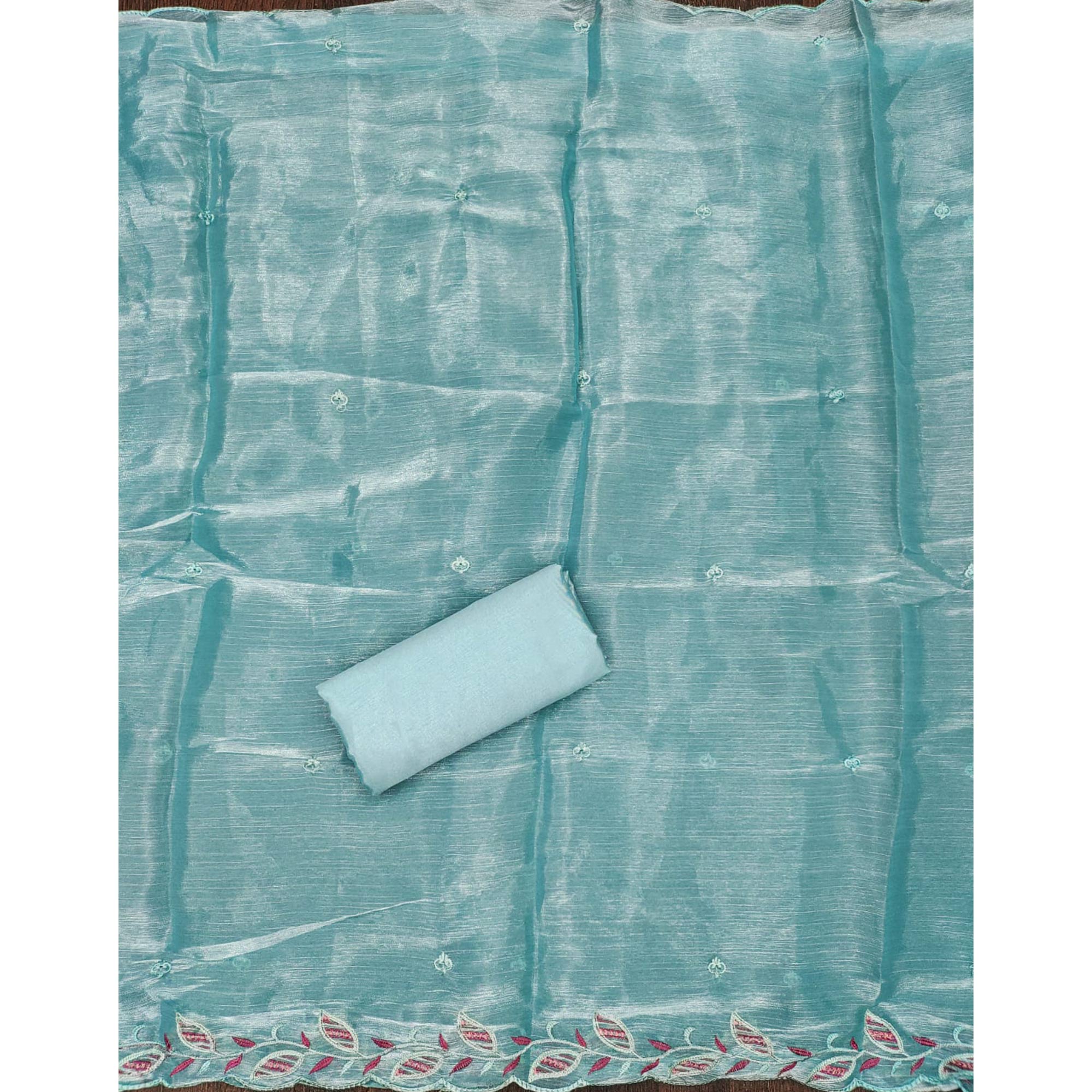 Blue Floral Sequins Embroidered Burberry Zoya Silk Dress Material