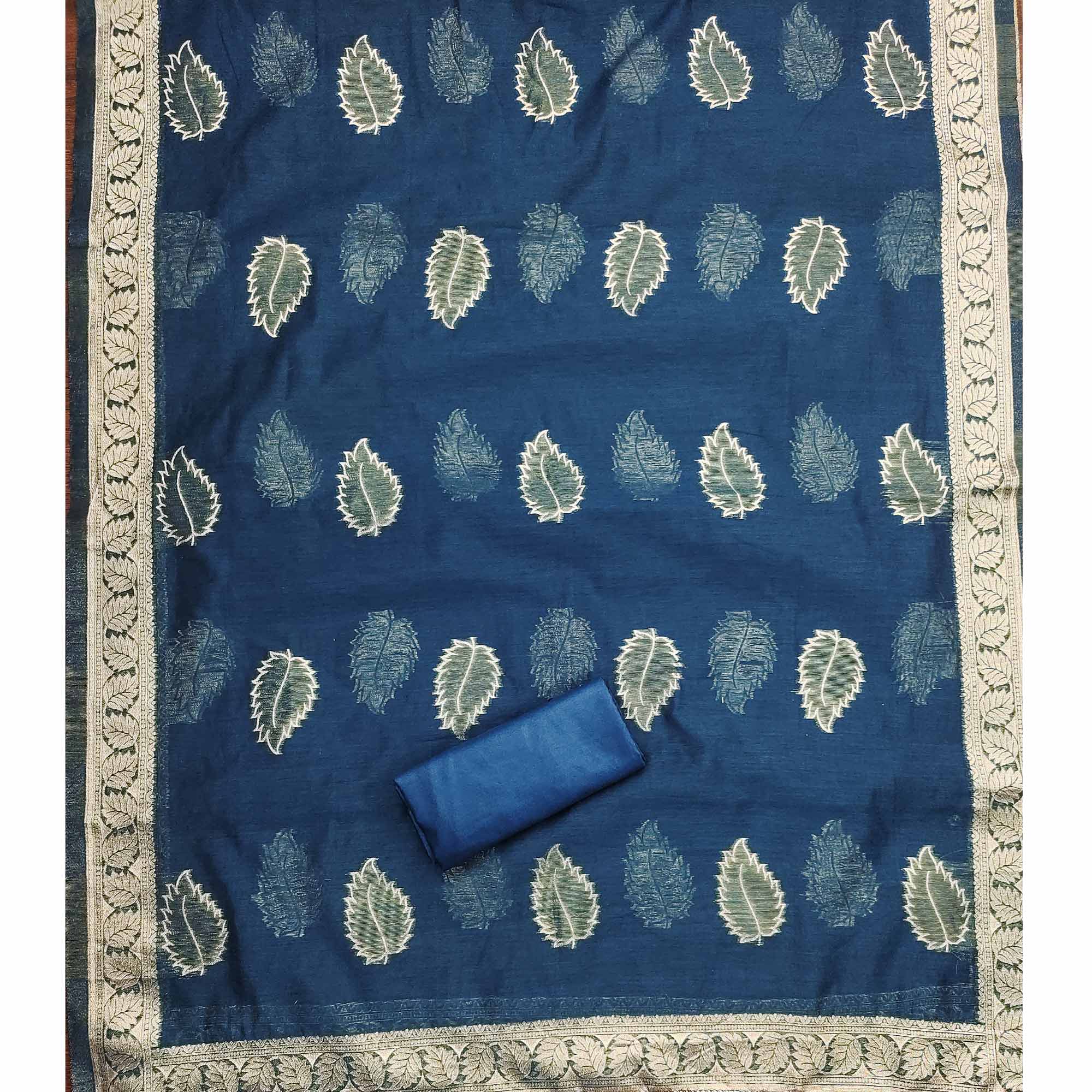 Blue Floral Woven Shimmer Jacquard Dress Material