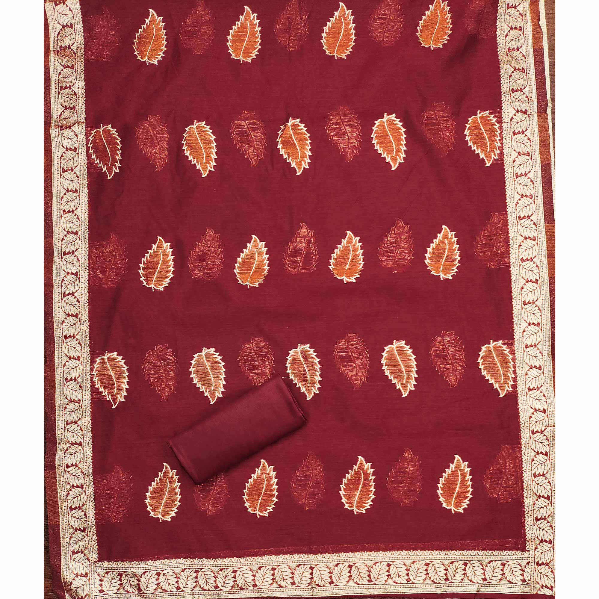 Maroon Floral Woven Shimmer Jacquard Dress Material