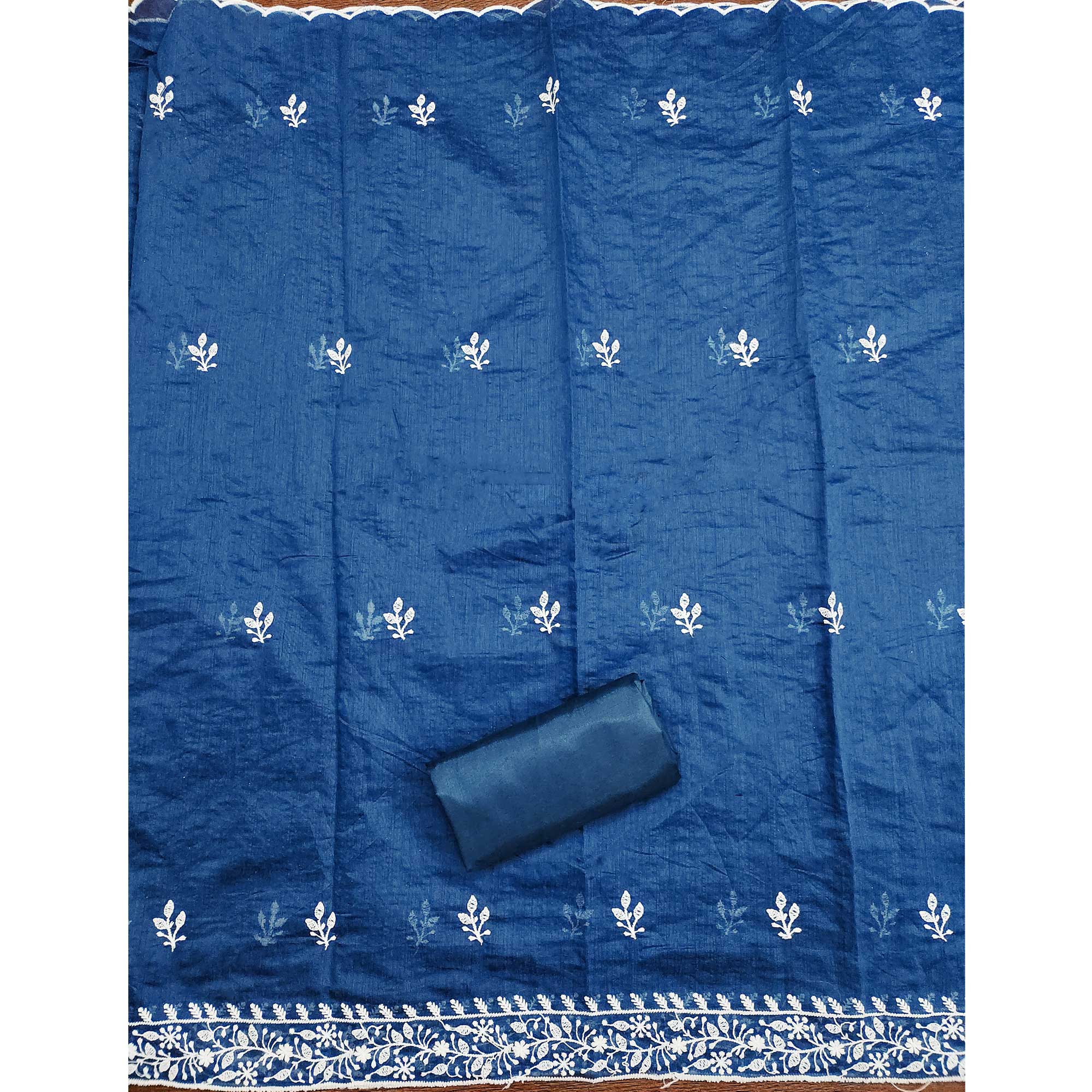 Blue Floral Embroidered Modal Chanderi Silk Dress Material