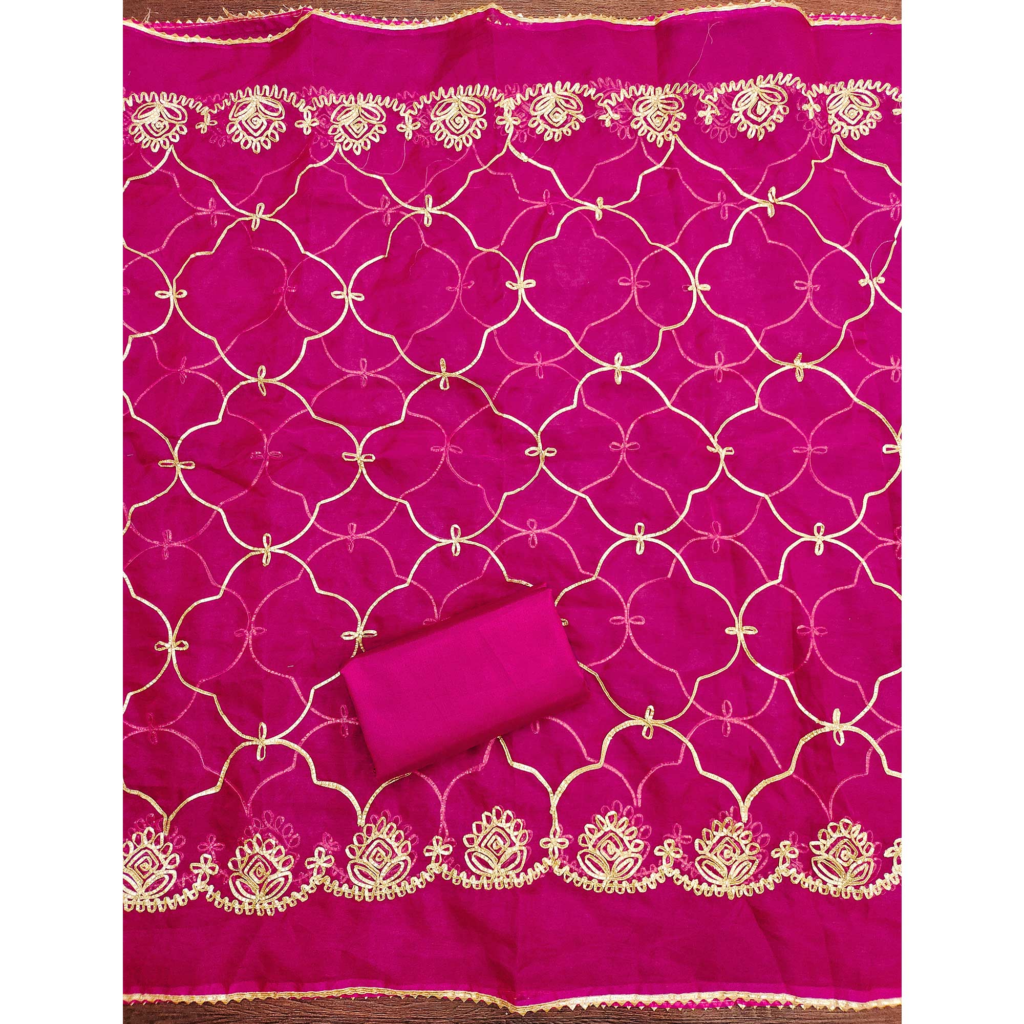 Rani Pink Floral Woven Organza Jacquard Dress Material