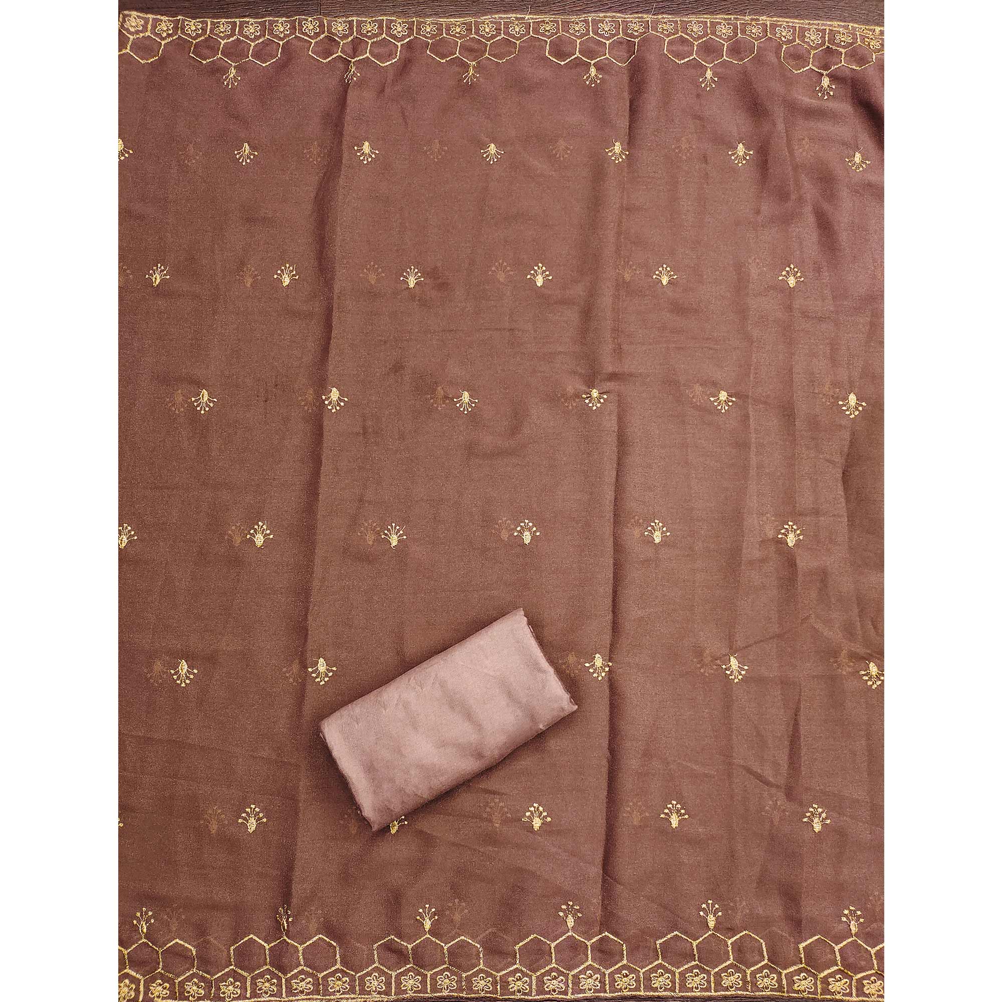 Brown Floral Embroidered Georgette Dress Material