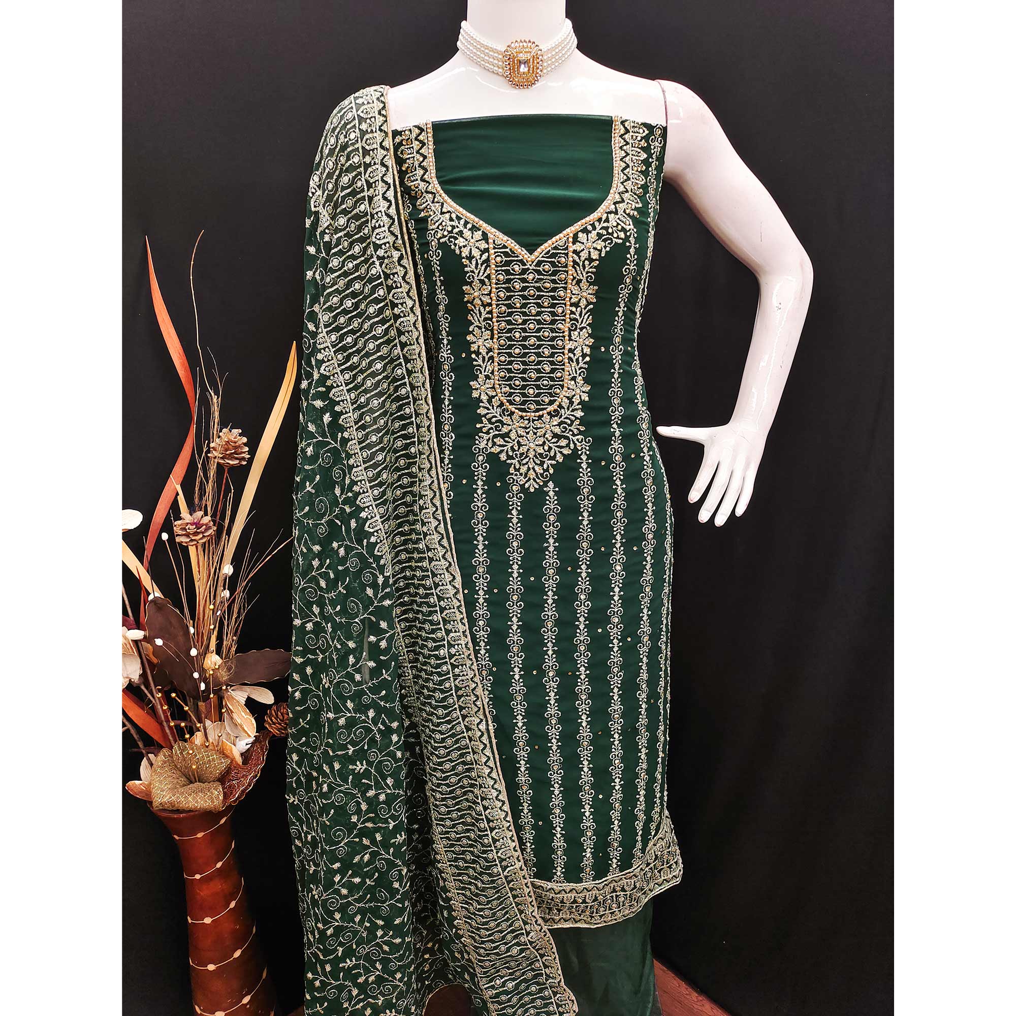 44Green Floral Embroidered Georgette Dress Material
