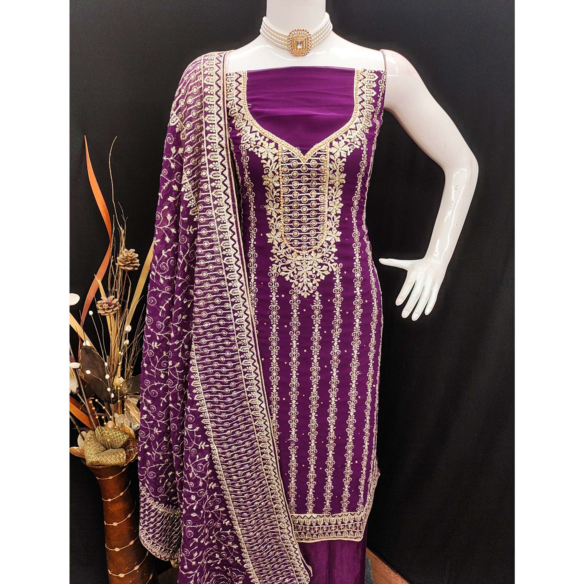 Wine Floral Embroidered Georgette Dress Material