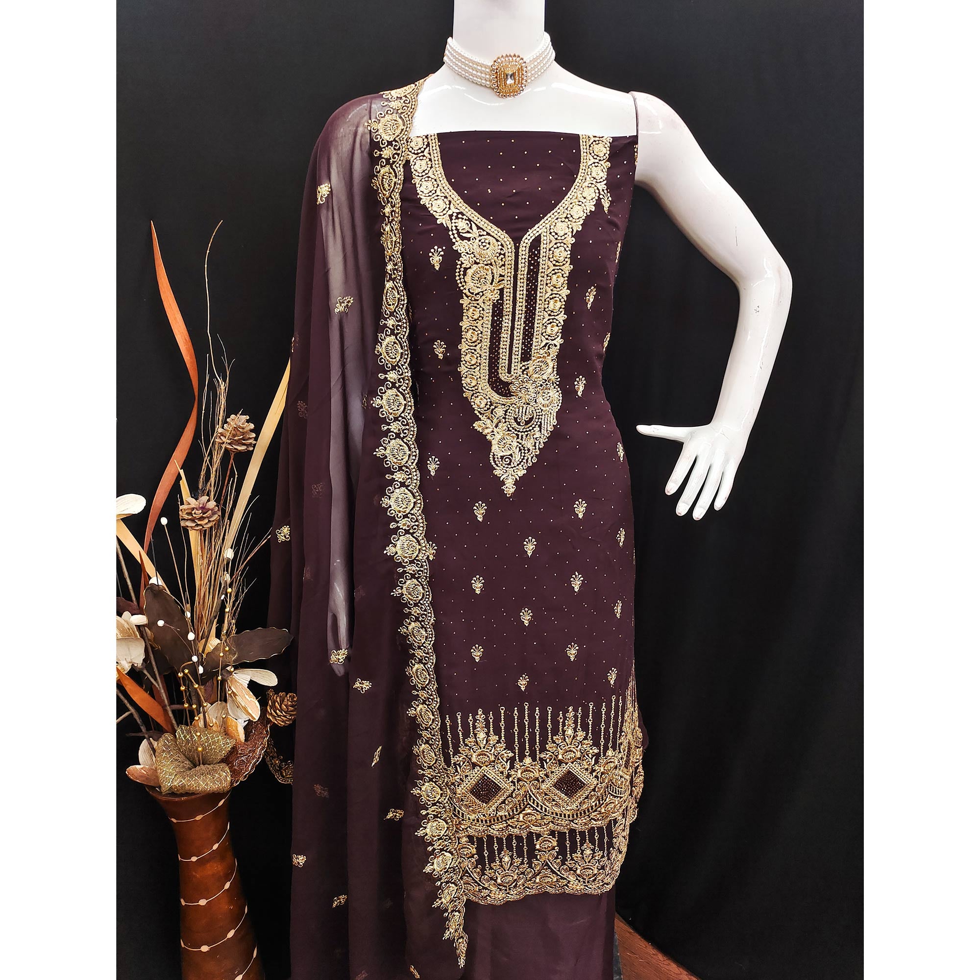 Brown Embroidered With Swarovski Work Georgette Dress Material