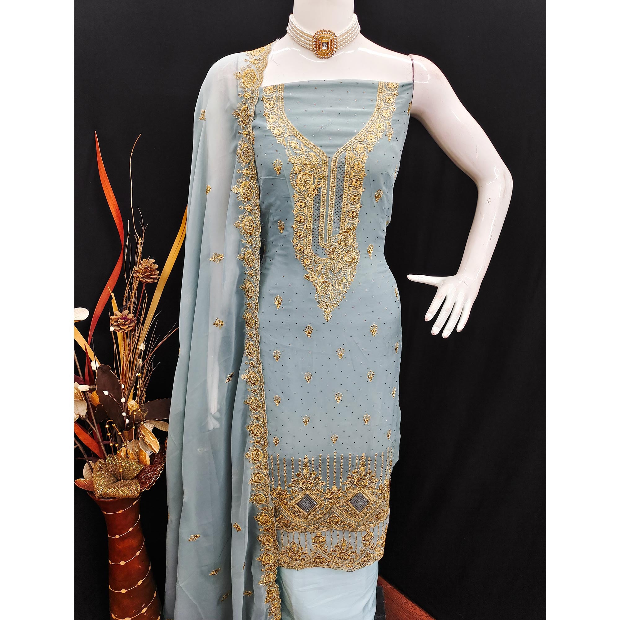 Grey Embroidered With Swarovski Work Georgette Dress Material