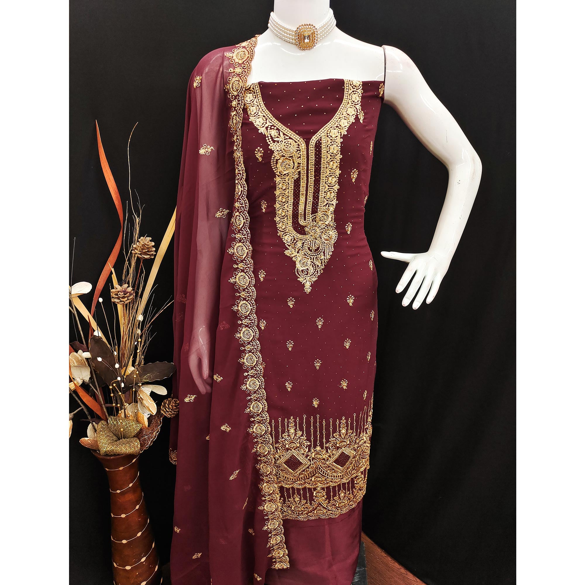 Maroon Embroidered With Swarovski Work Georgette Dress Material