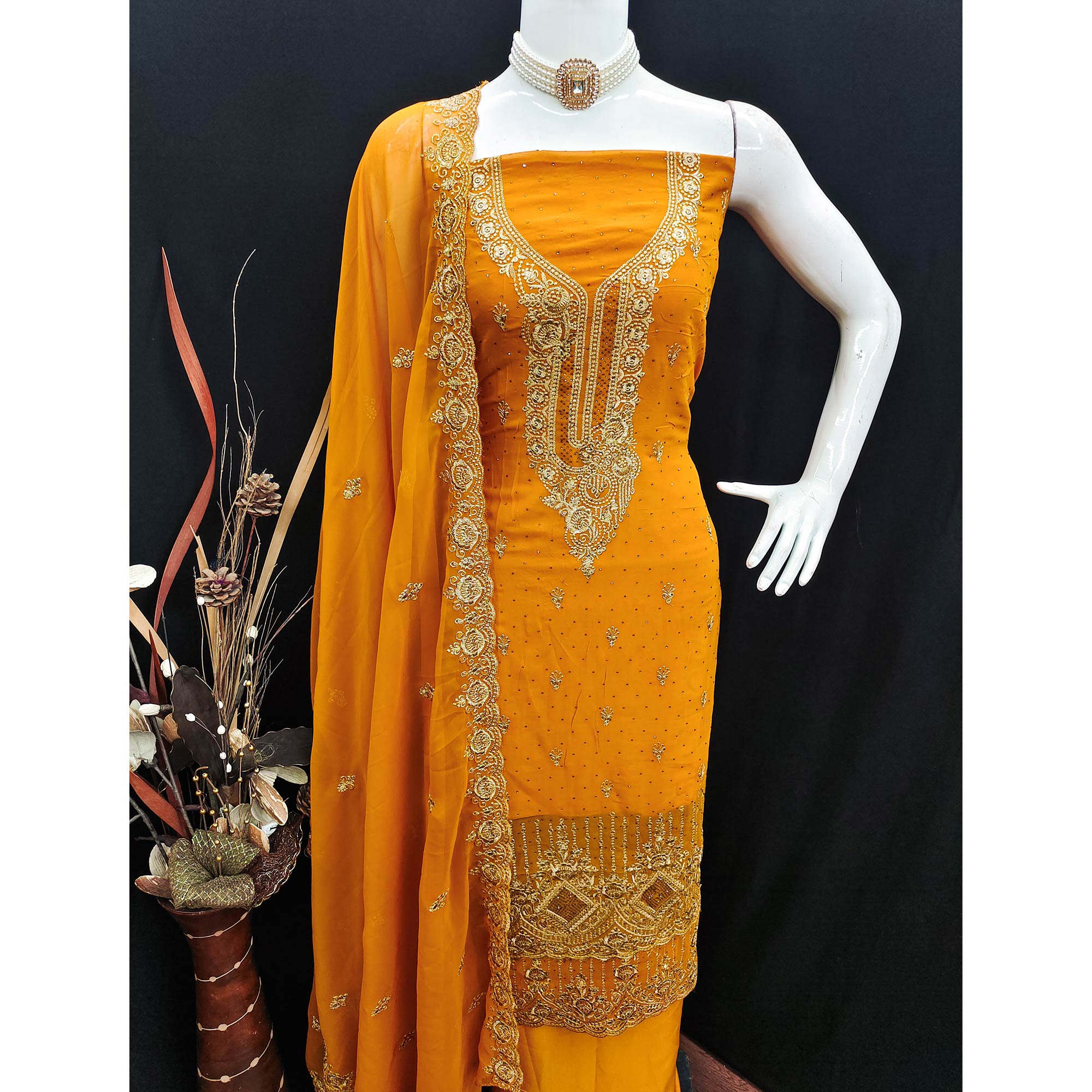 Mustard Embroidered With Swarovski Work Georgette Dress Material
