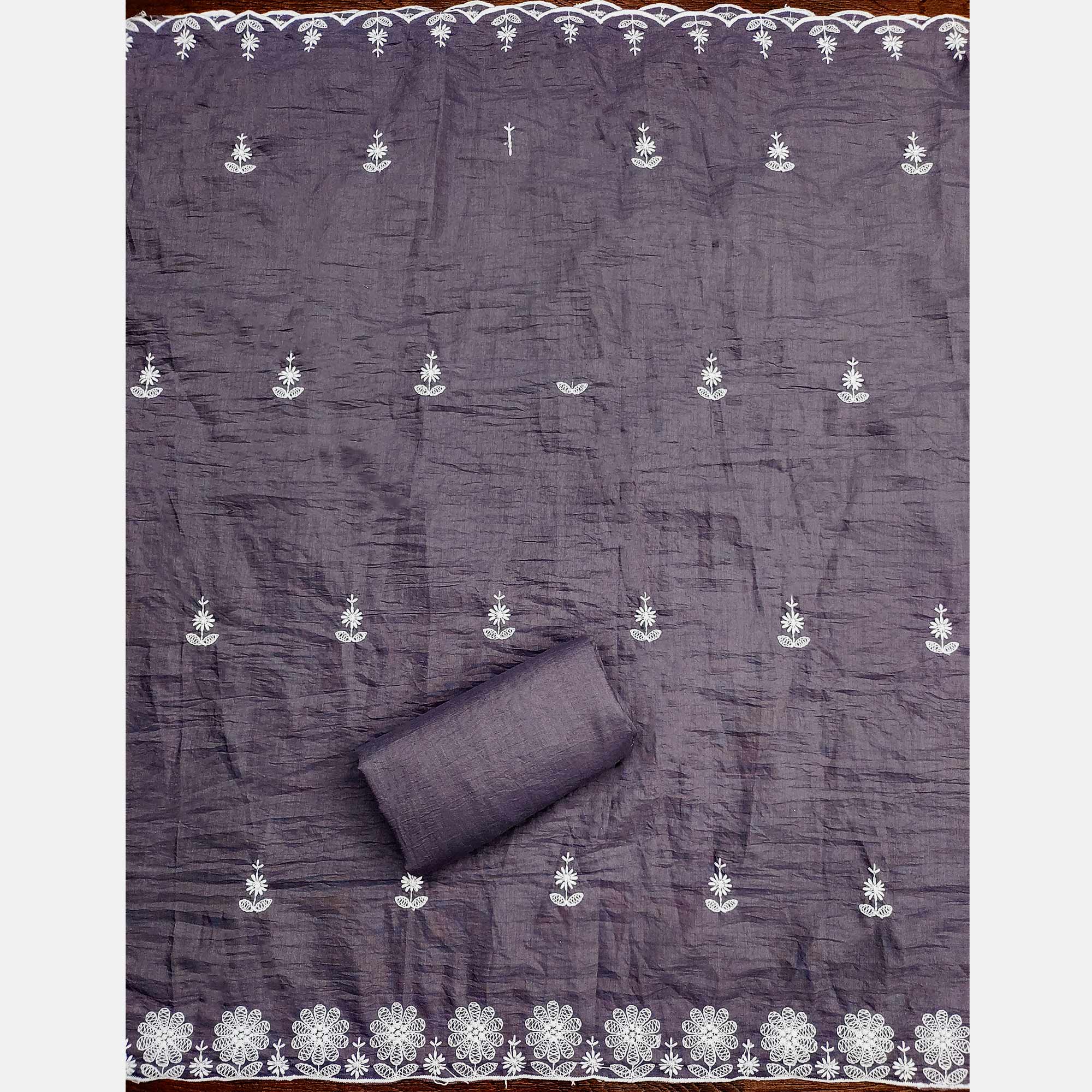 Dark Grey Floral Embroidered Art Silk Dress Material