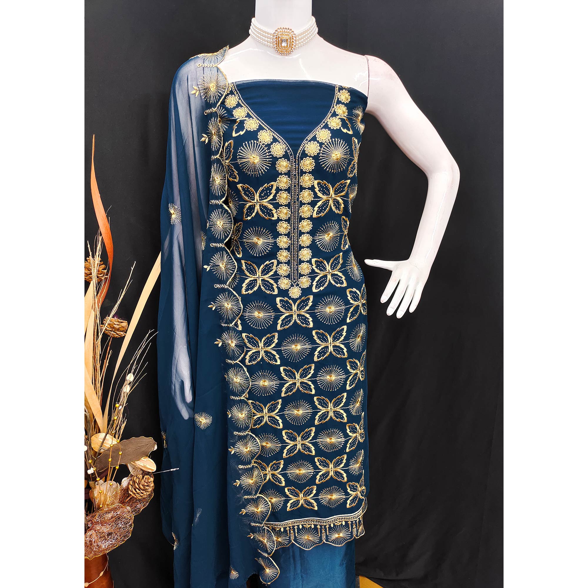Blue Georgette Dress Material Featuring Delicate Floral Zari Embroidery