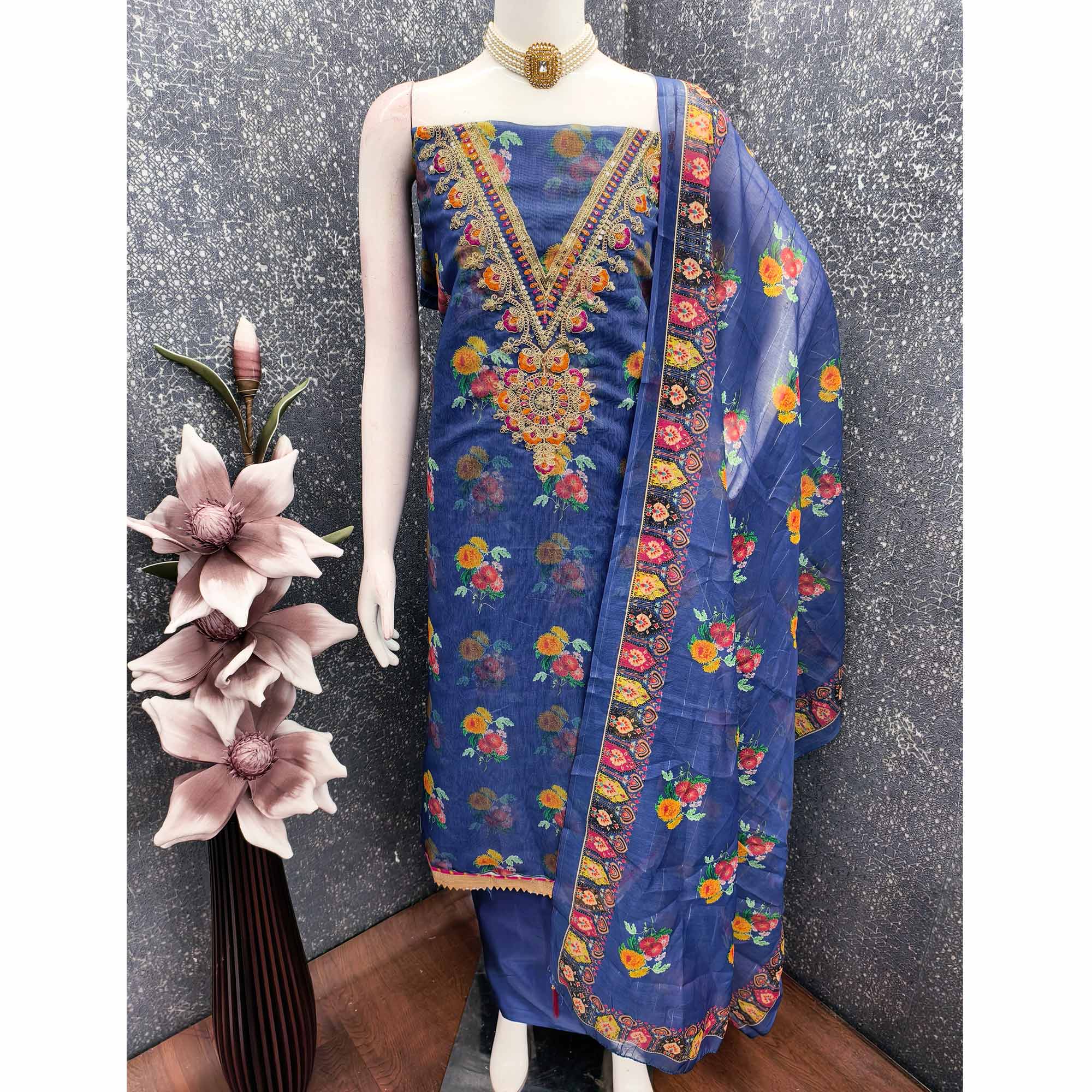 Blue Floral Digital Print Dress Material With Sequins & Cording Embroidery On Chanderi Silk