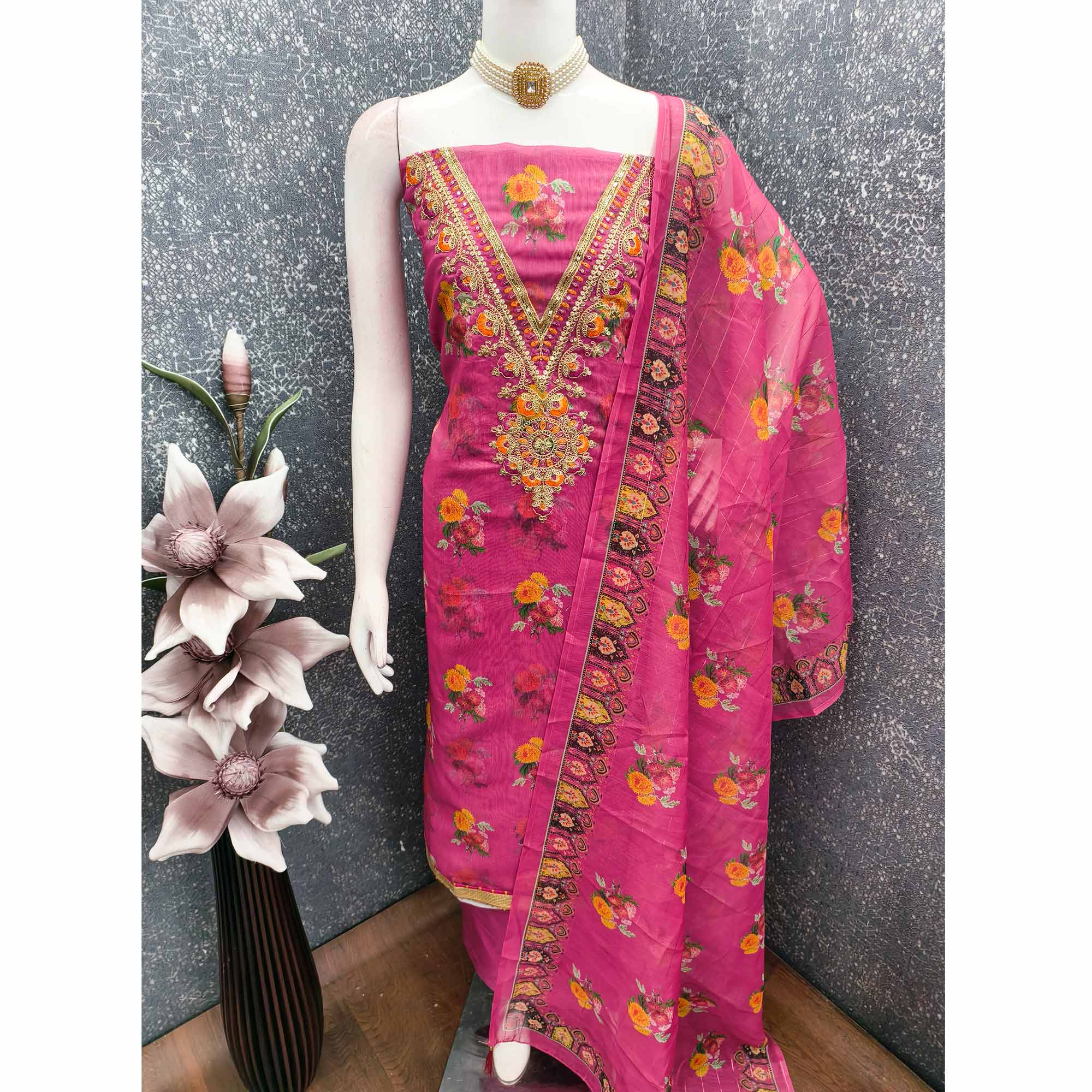 Pink Floral Digital Print Dress Material With Sequins & Cording Embroidery On Chanderi Silk
