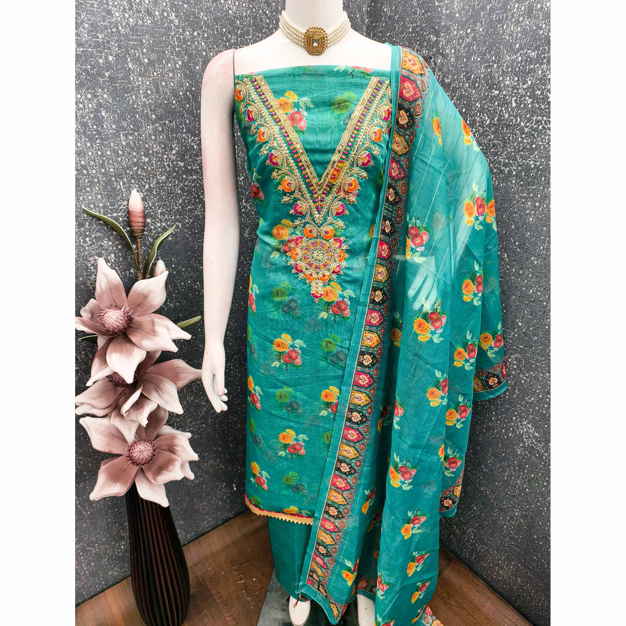 Teal Floral Digital Print Dress Material With Sequins & Cording Embroidery On Chanderi Silk