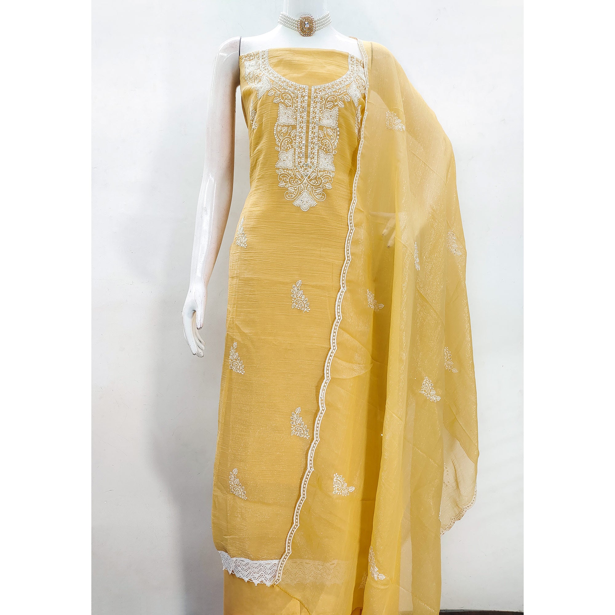 Yellow Georgette Crunchy Silk Dress Material with Elegant Floral Thread Embroidery & Sequins Work