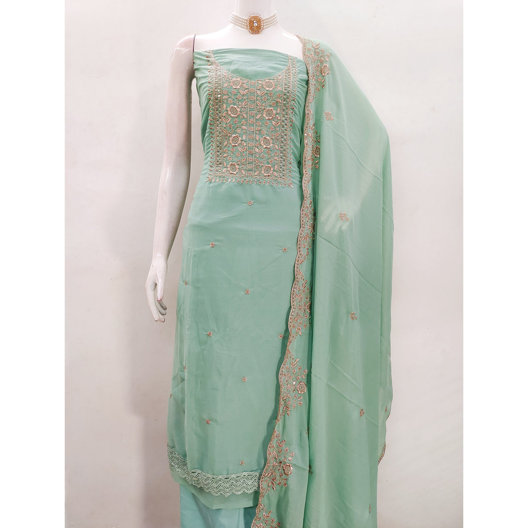Turquoise Georgette Dress Material With Intricate Floral Zari Embroidery & Sequins Work