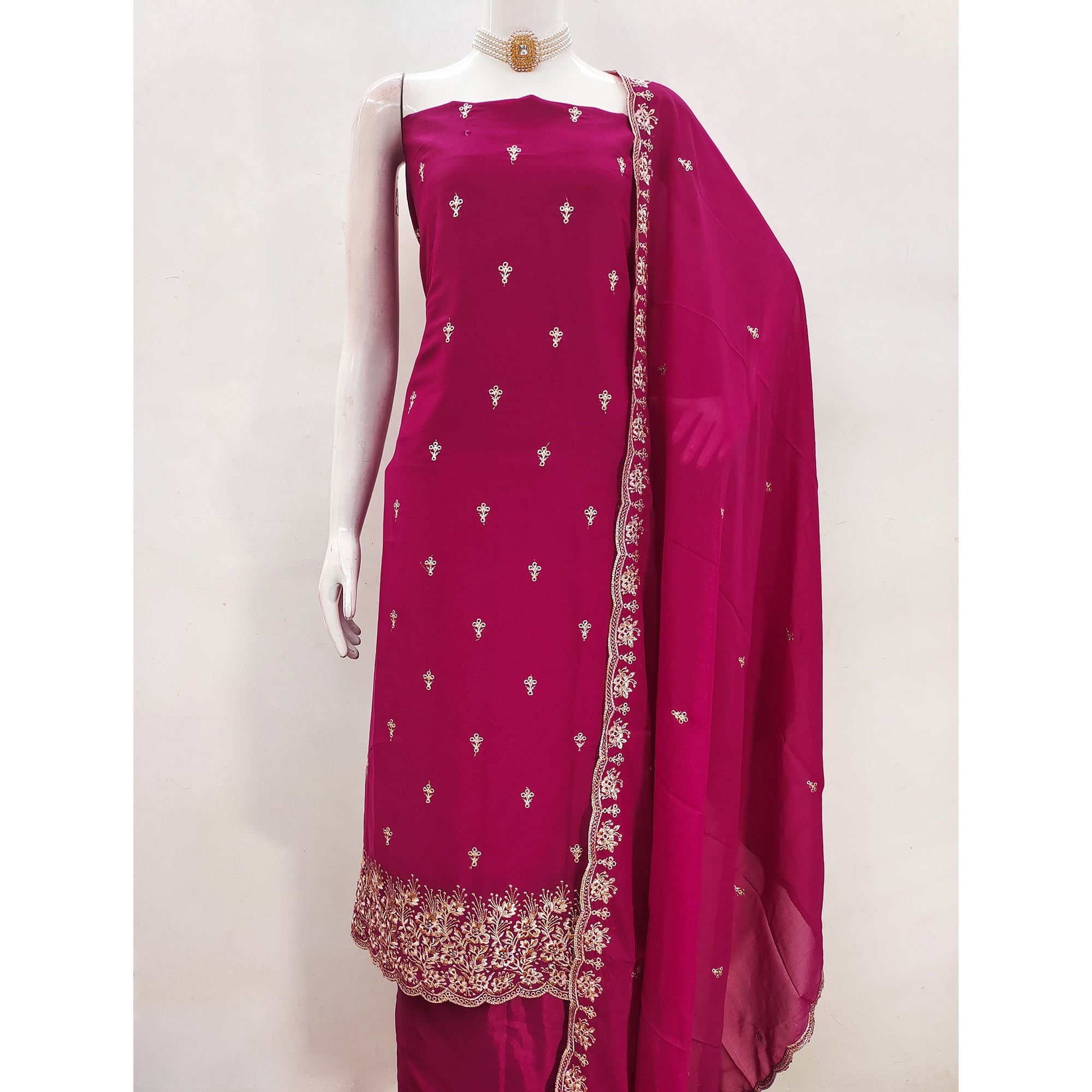 Rani Pink Georgette Dress Material With Delicate Floral Zari Embroidery