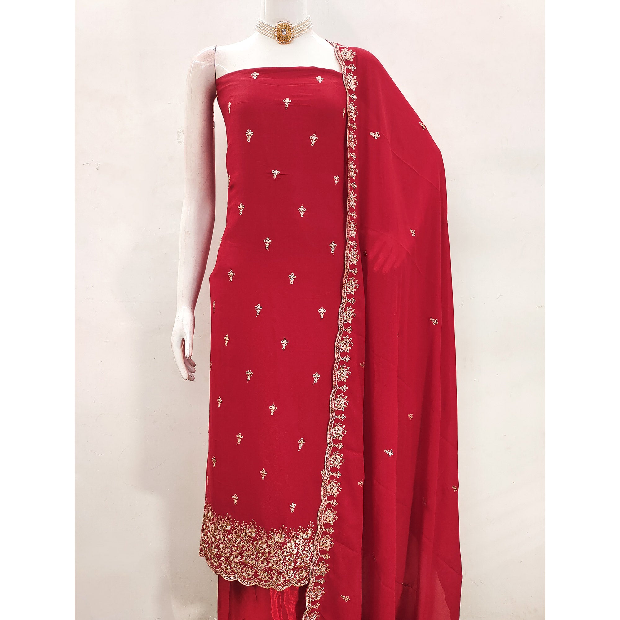 Red Georgette Dress Material With Delicate Floral Zari Embroidery