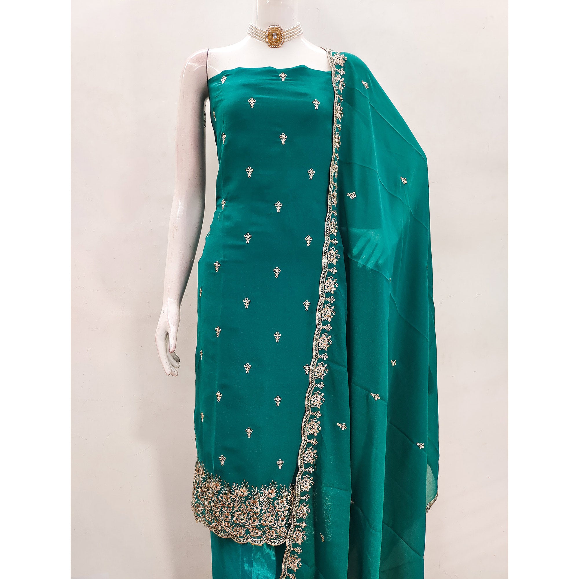 Teal Georgette Dress Material With Delicate Floral Zari Embroidery