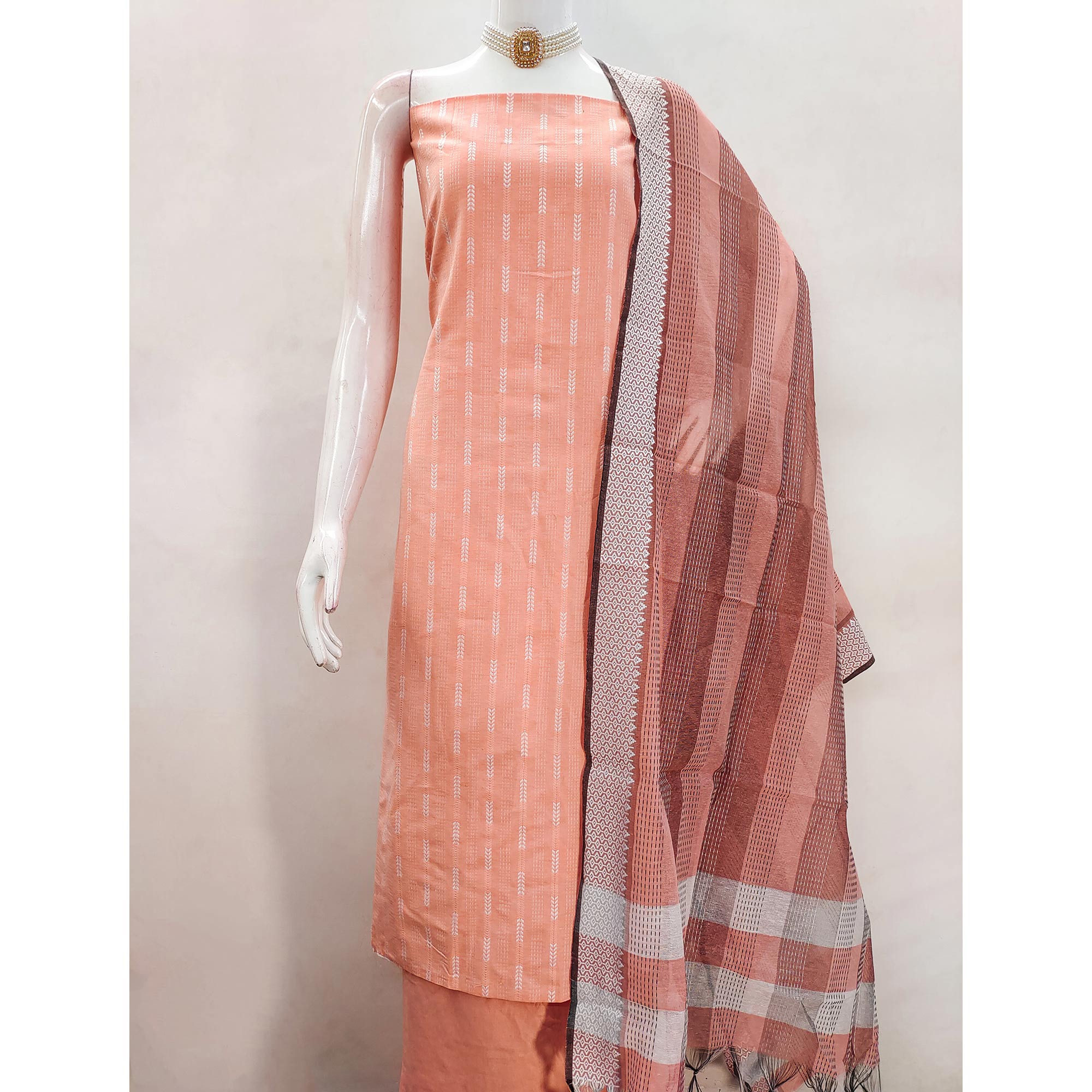 Charming Peach Woven Poly Cotton Blend Dress Material