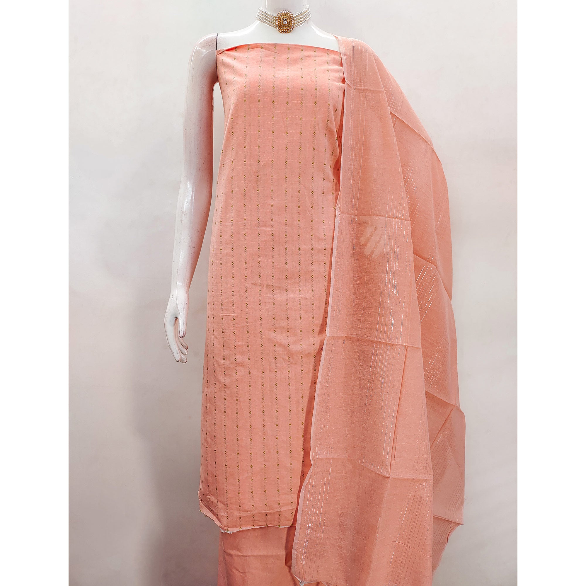Vibrant Peach Woven Poly Cotton Blend Dress Material