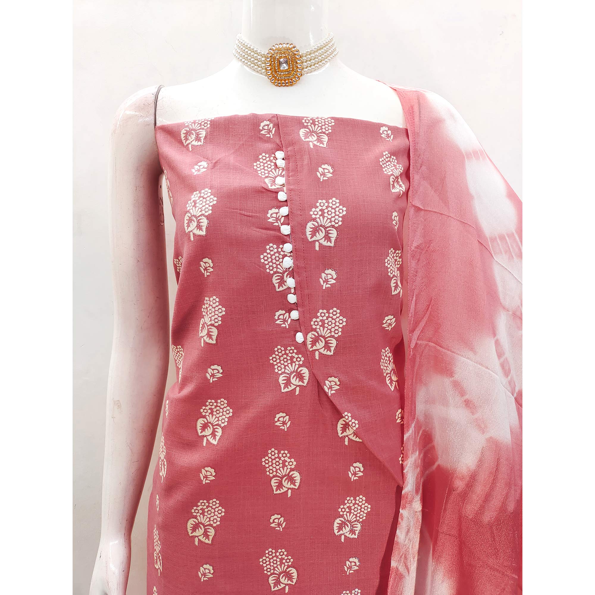 Graceful Peach Floral Print In Cotton Blend Dress Material