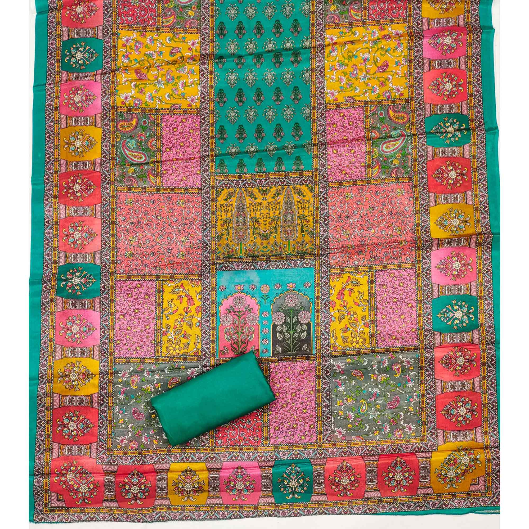 Rama Green Pakistani Dress Material Featuring Soft Chinon Fabric and Timeless Floral Prints