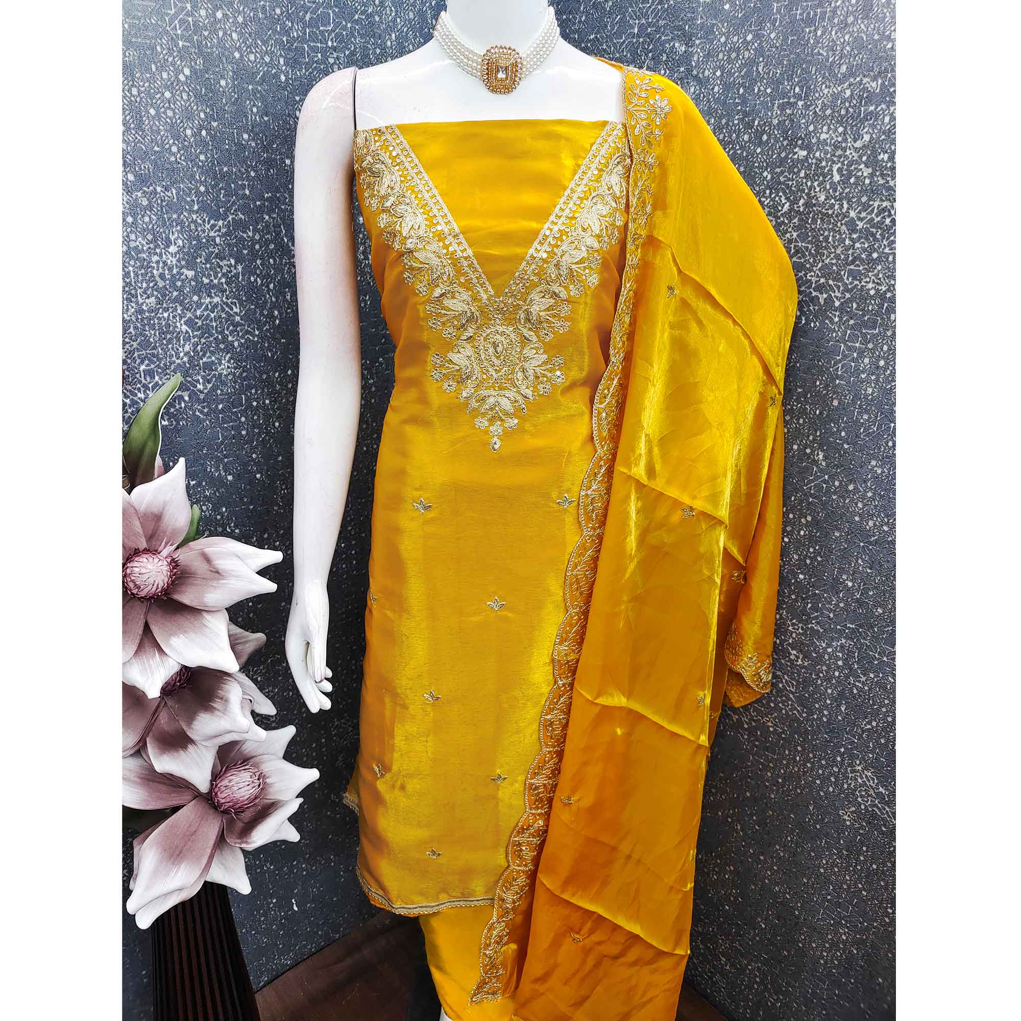 Yellow Organza Dress Material With Elegant Thread Embroidery