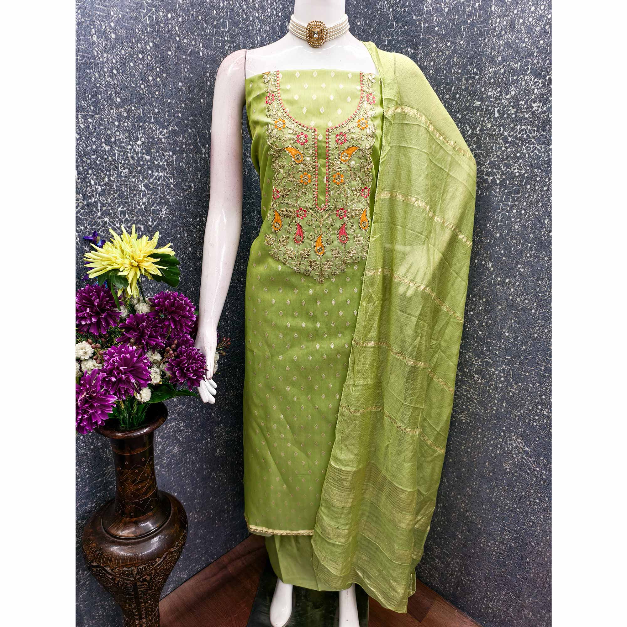 Green Woven Shimmer Dress Material Featuring Sequins Embroidery & Gota Patti Accents