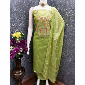 Green Woven Shimmer Dress Material Featuring Sequins Embroidery & Gota Patti Accents
