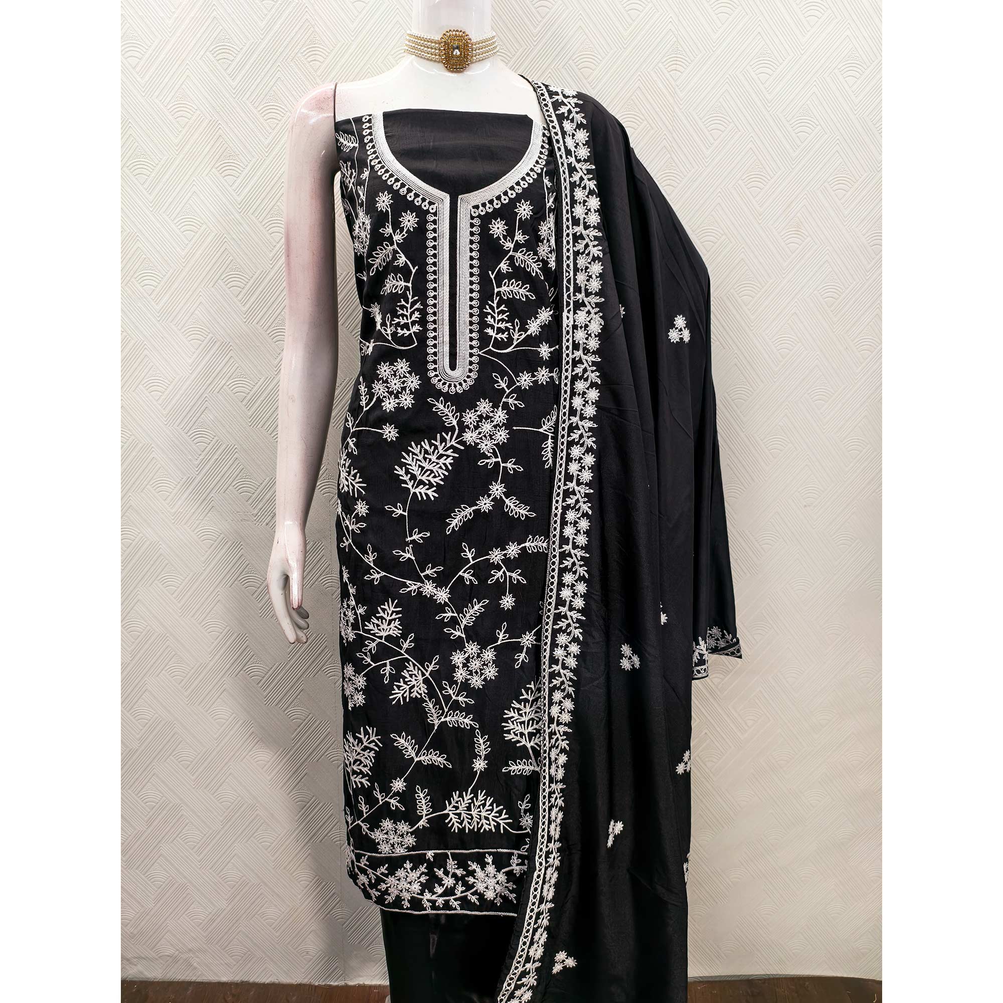Black Art Silk Dress Material Adorned With Floral Thread Embroidery Work