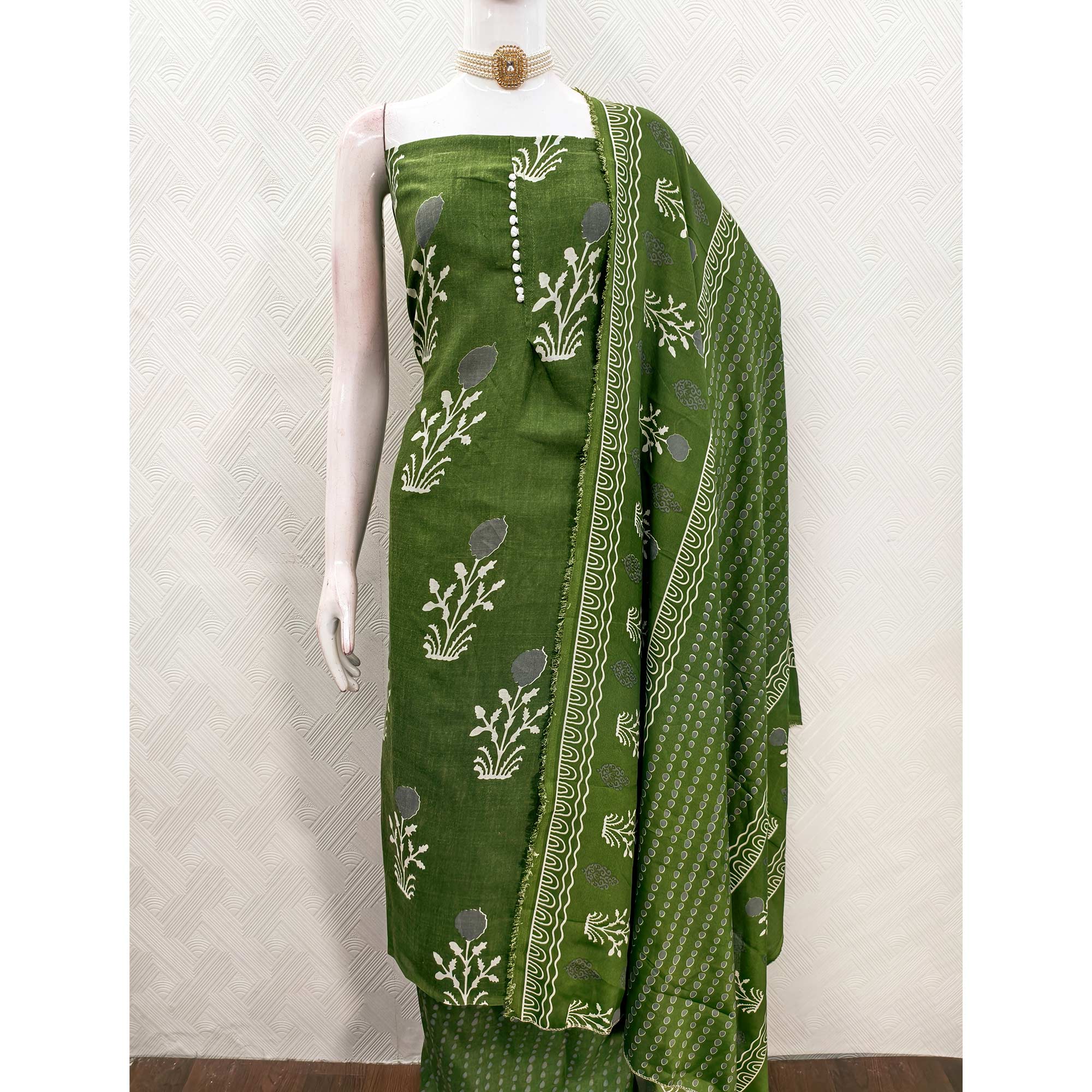 Green Cotton Blend Dress Material Designed With Beautiful Floral Prints