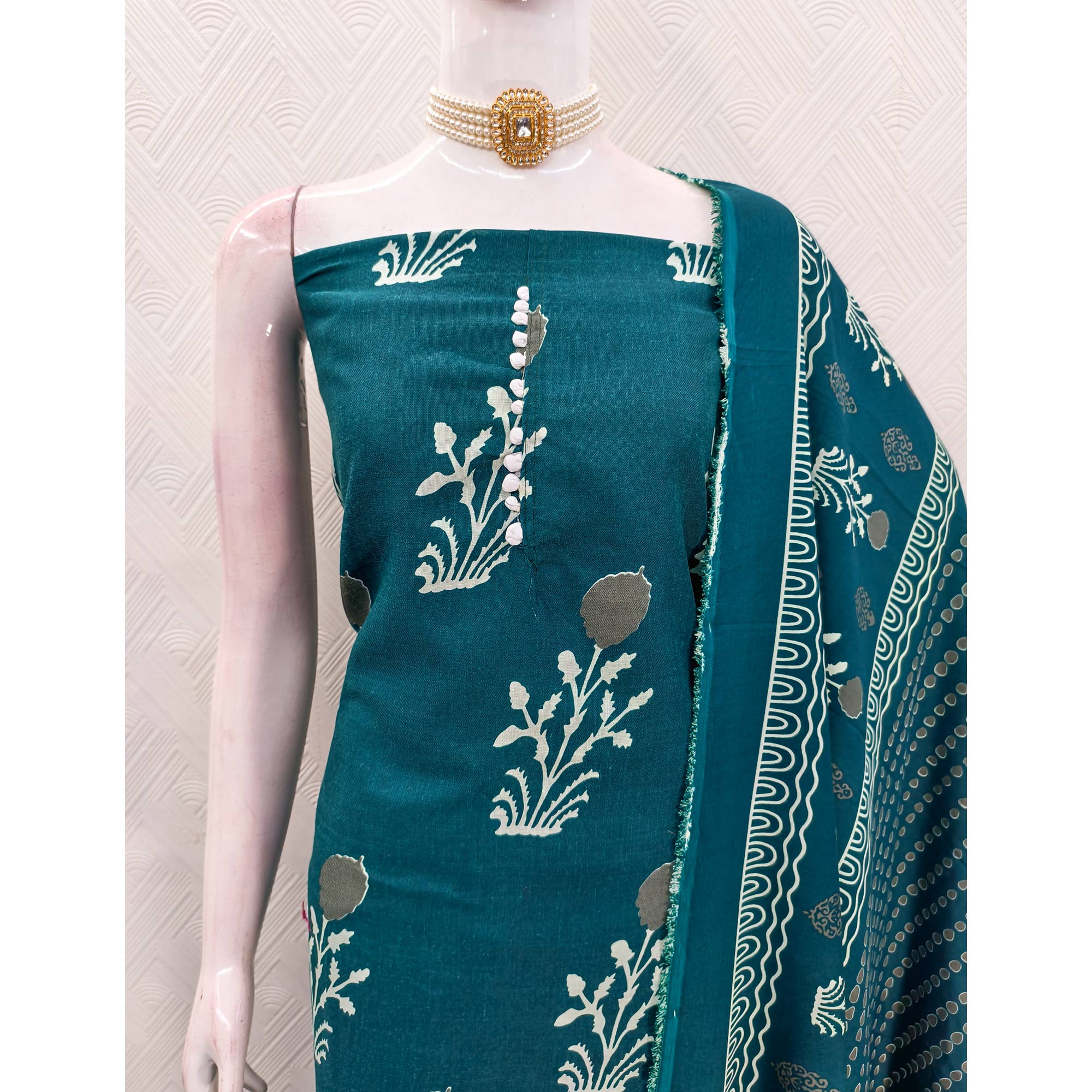 Teal Cotton Blend Dress Material Designed With Beautiful Floral Prints